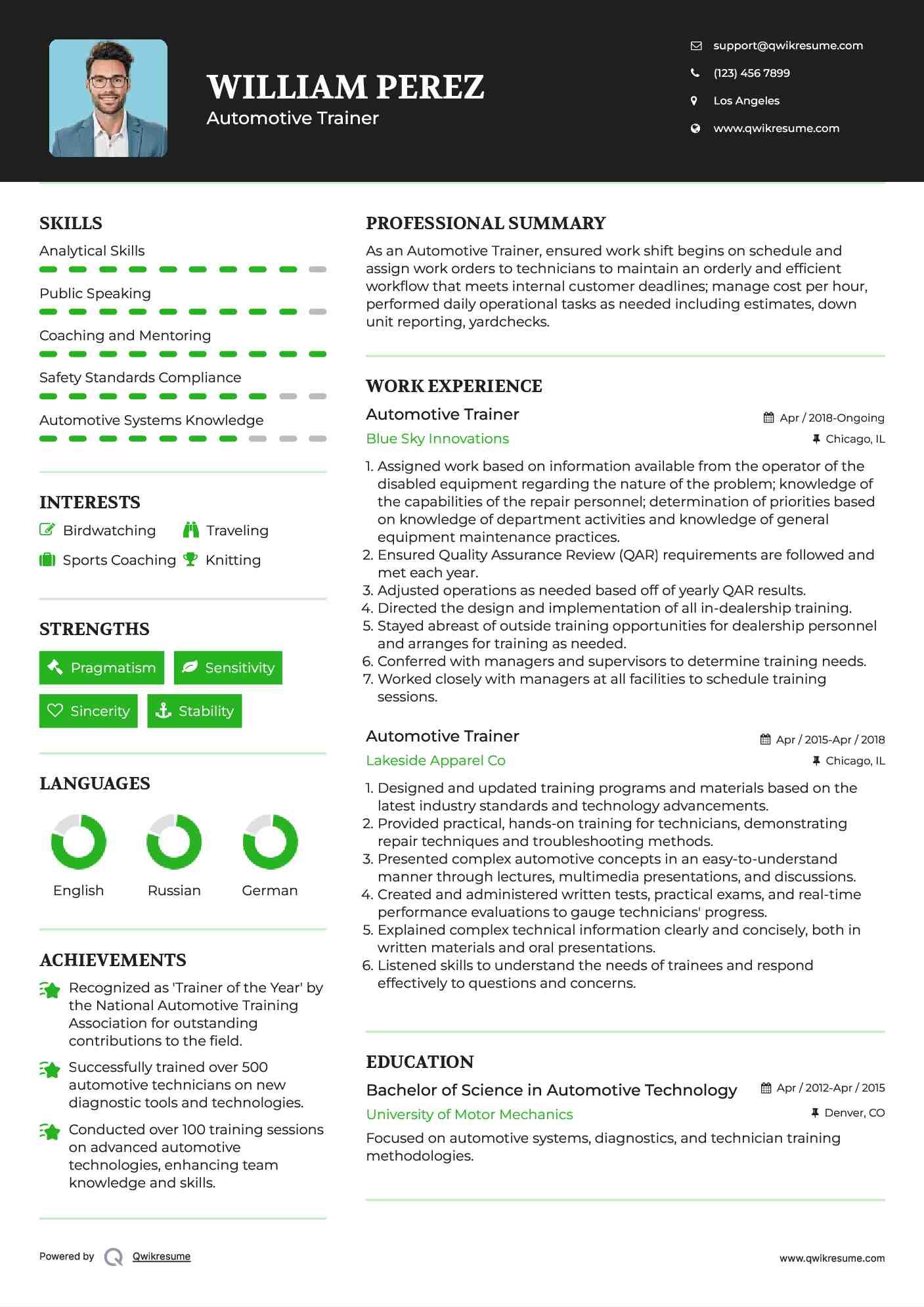 Automotive Trainer Resume Example