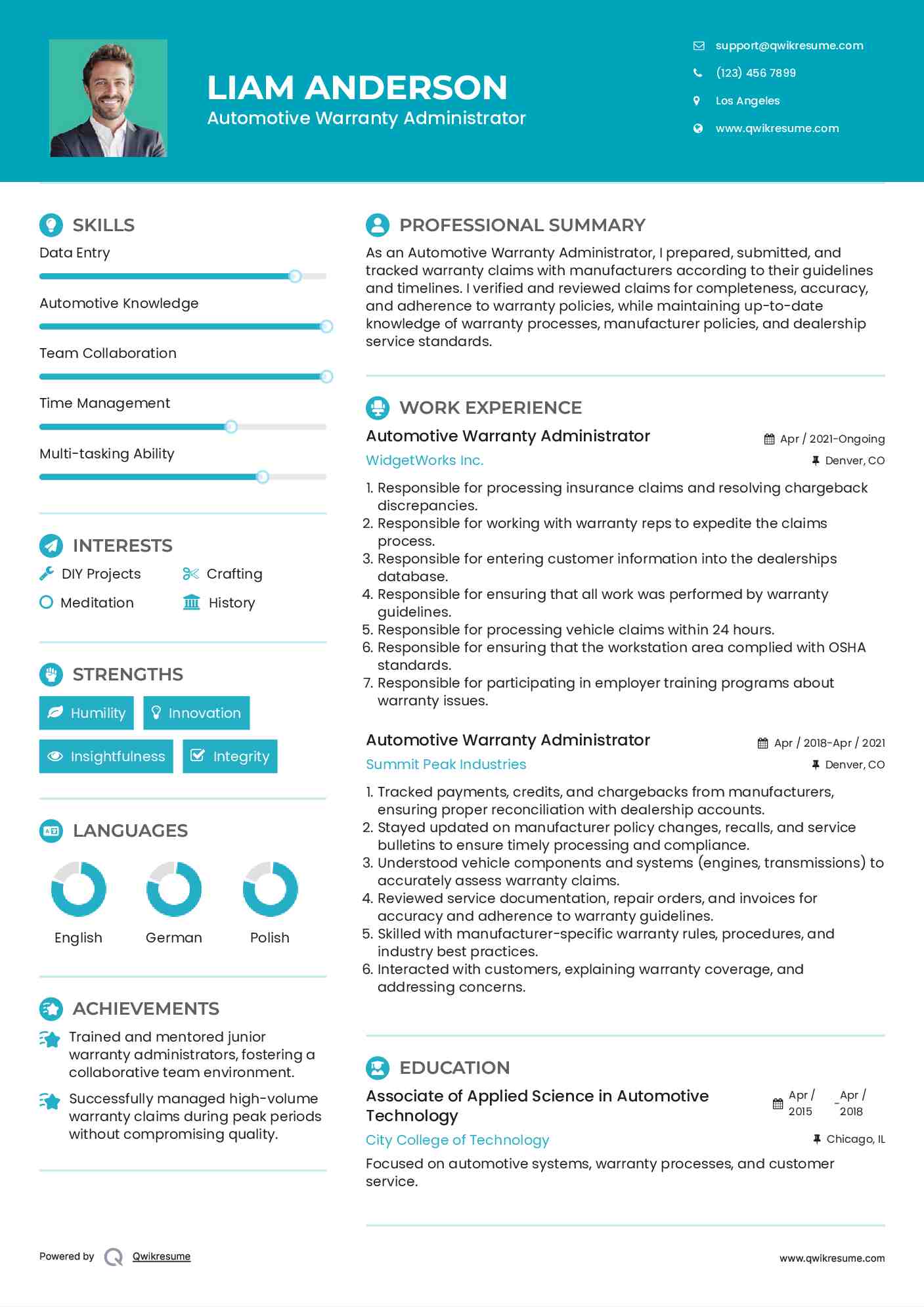 Automotive Warranty Administrator Resume Format