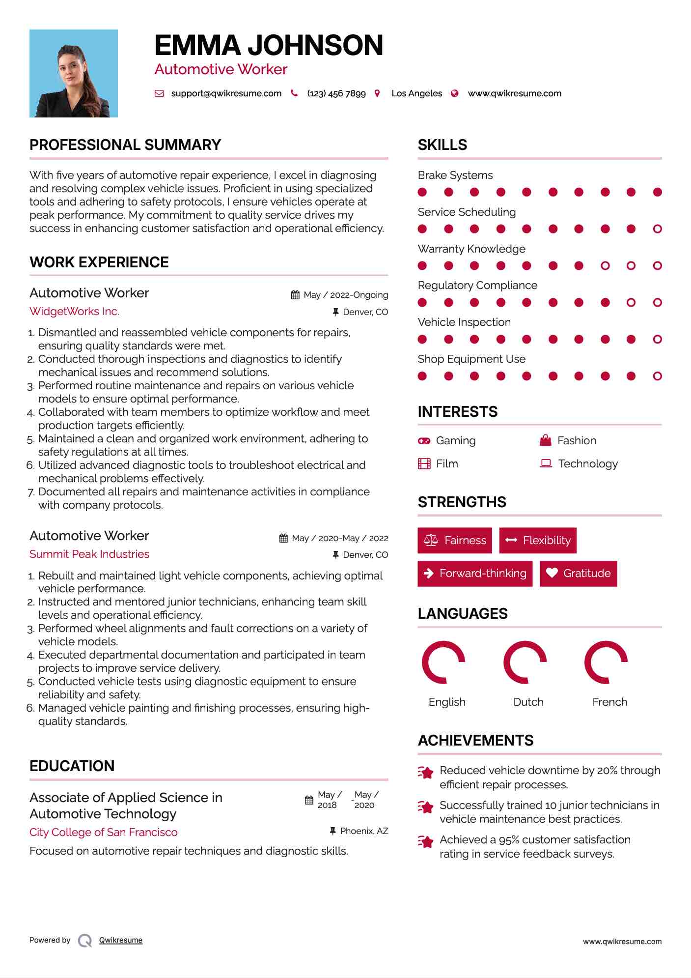 Automotive Worker Resume Model
