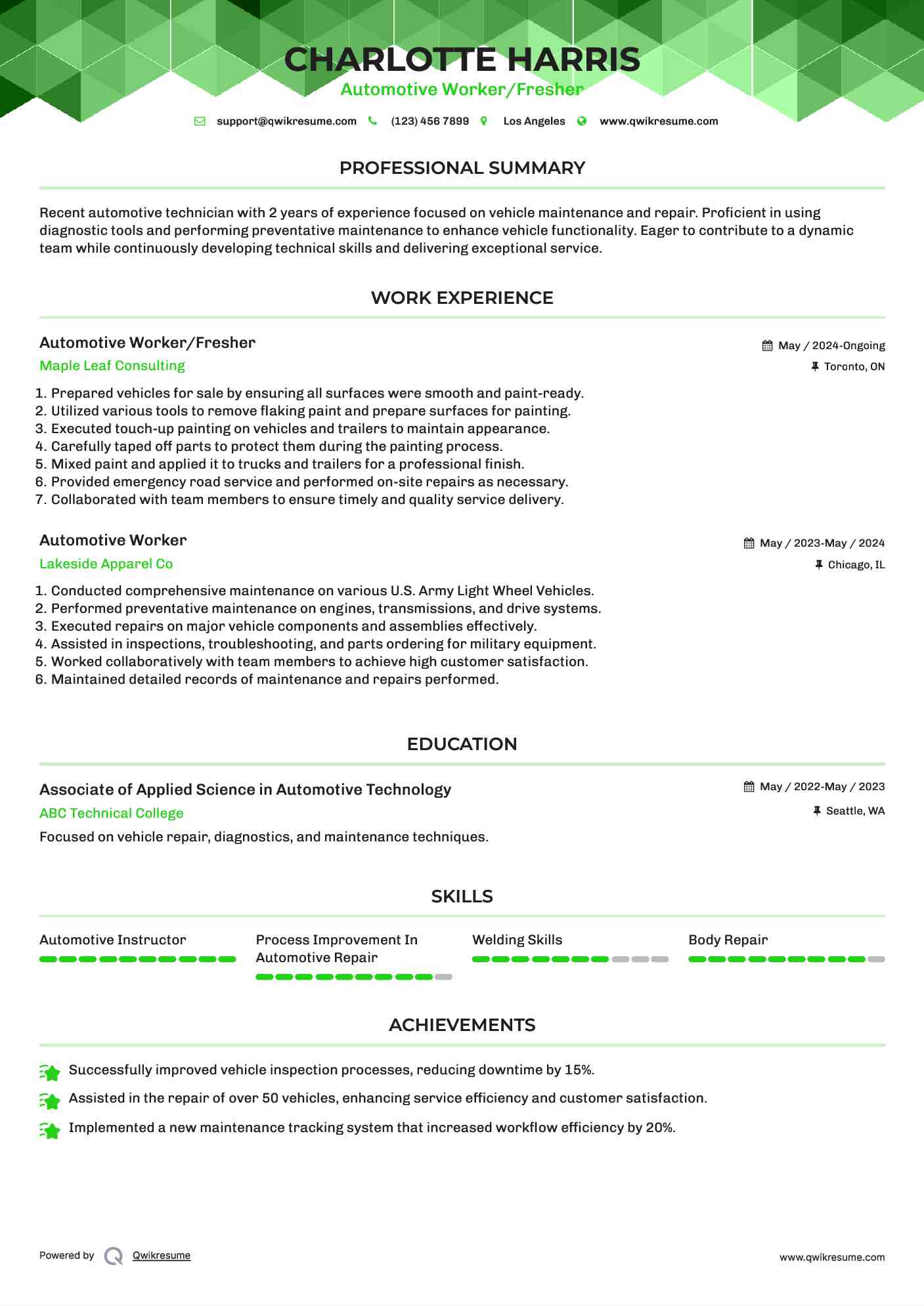 Automotive Worker/Fresher Resume Format