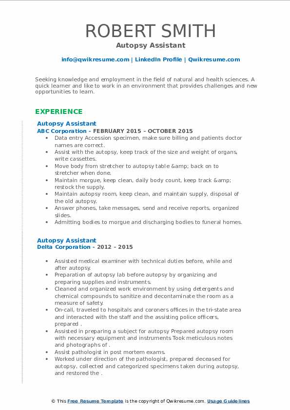 Autopsy Assistant Resume Samples QwikResume