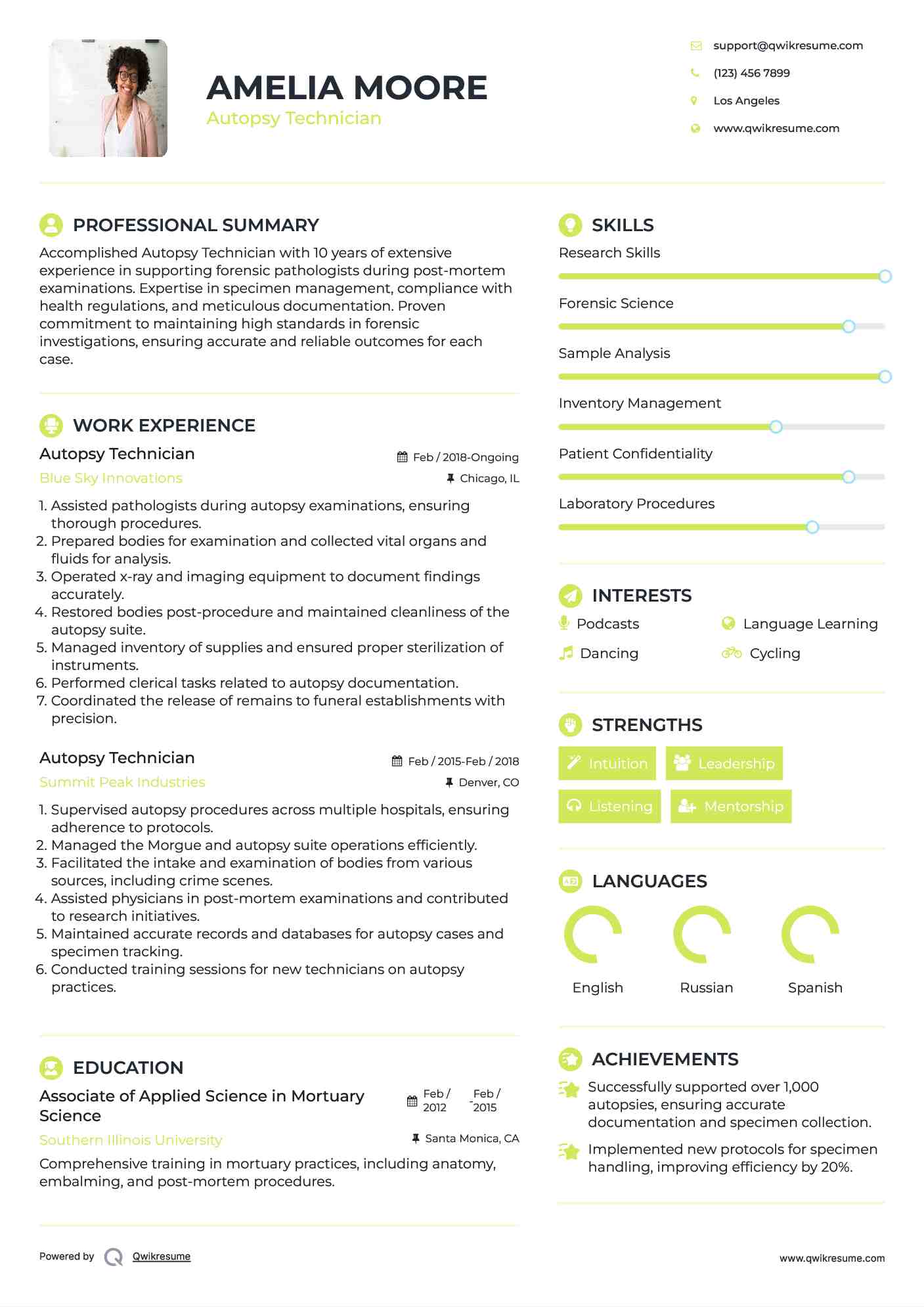 Autopsy Technician Resume Sample