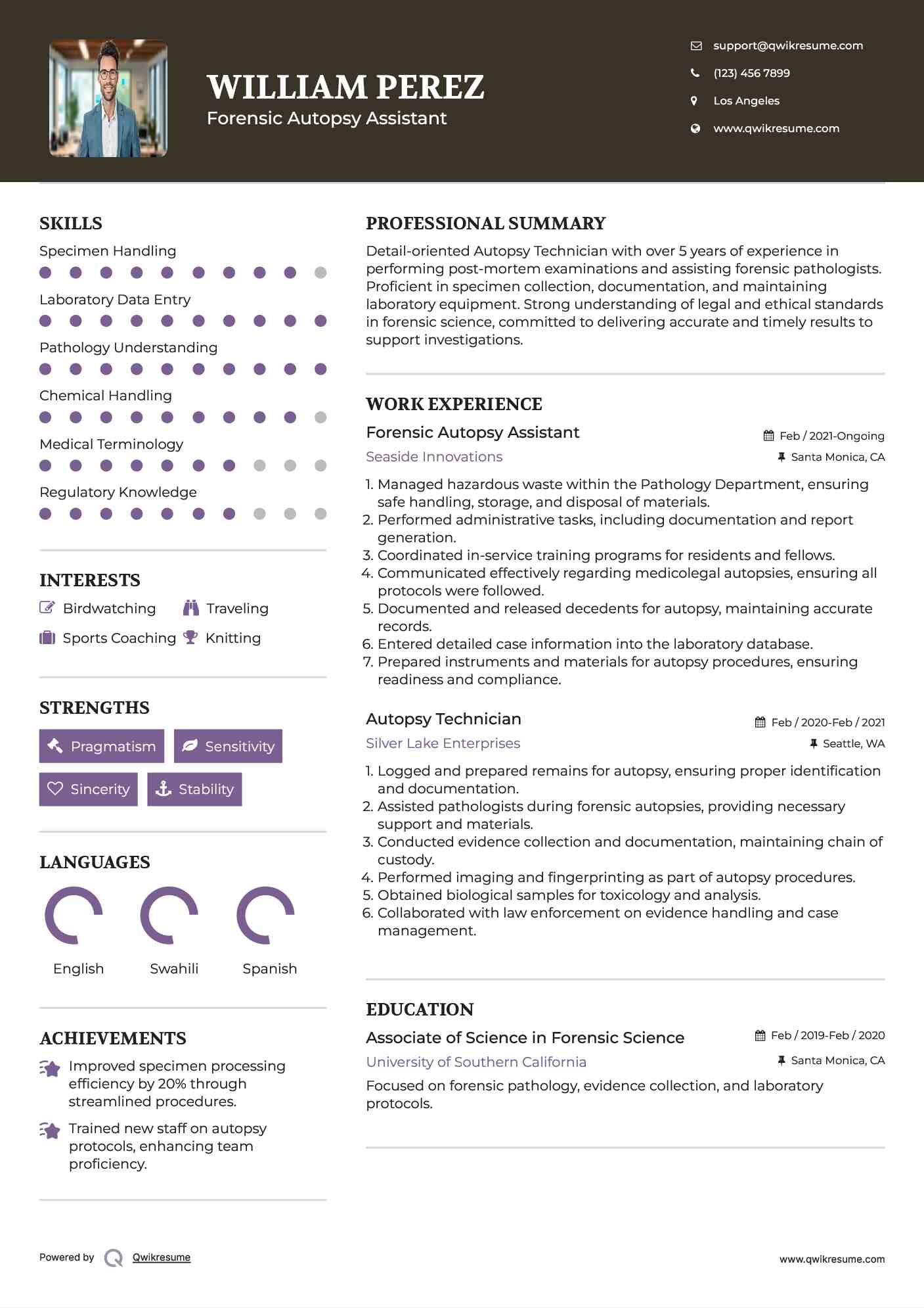 Forensic Autopsy Assistant Resume Sample