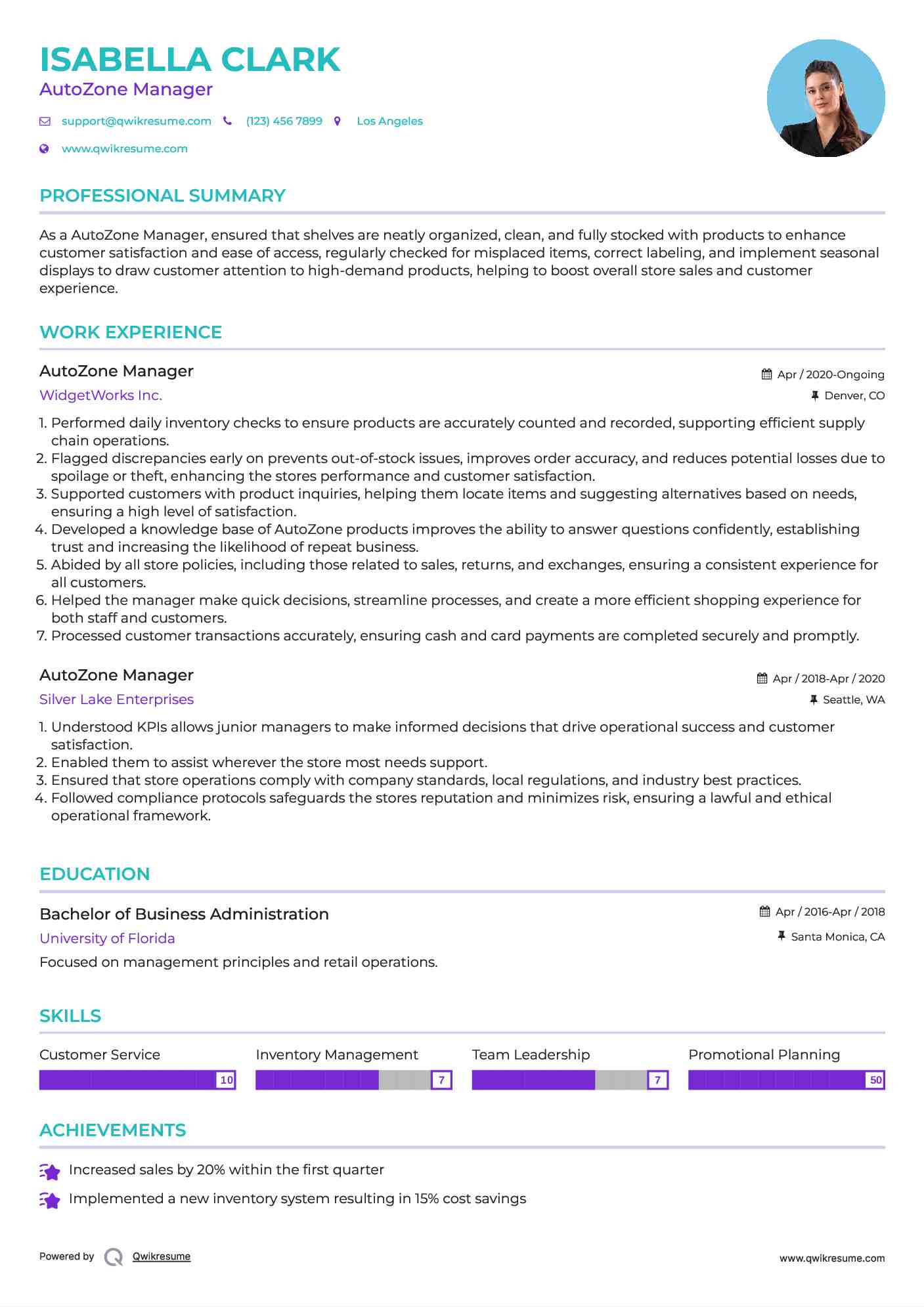 AutoZone Manager Resume Example