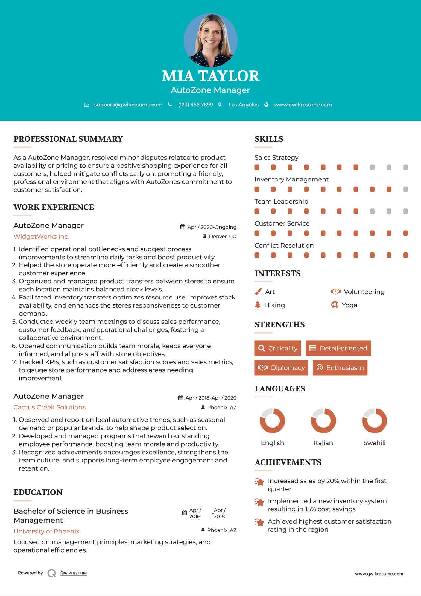 AutoZone Manager Resume Format