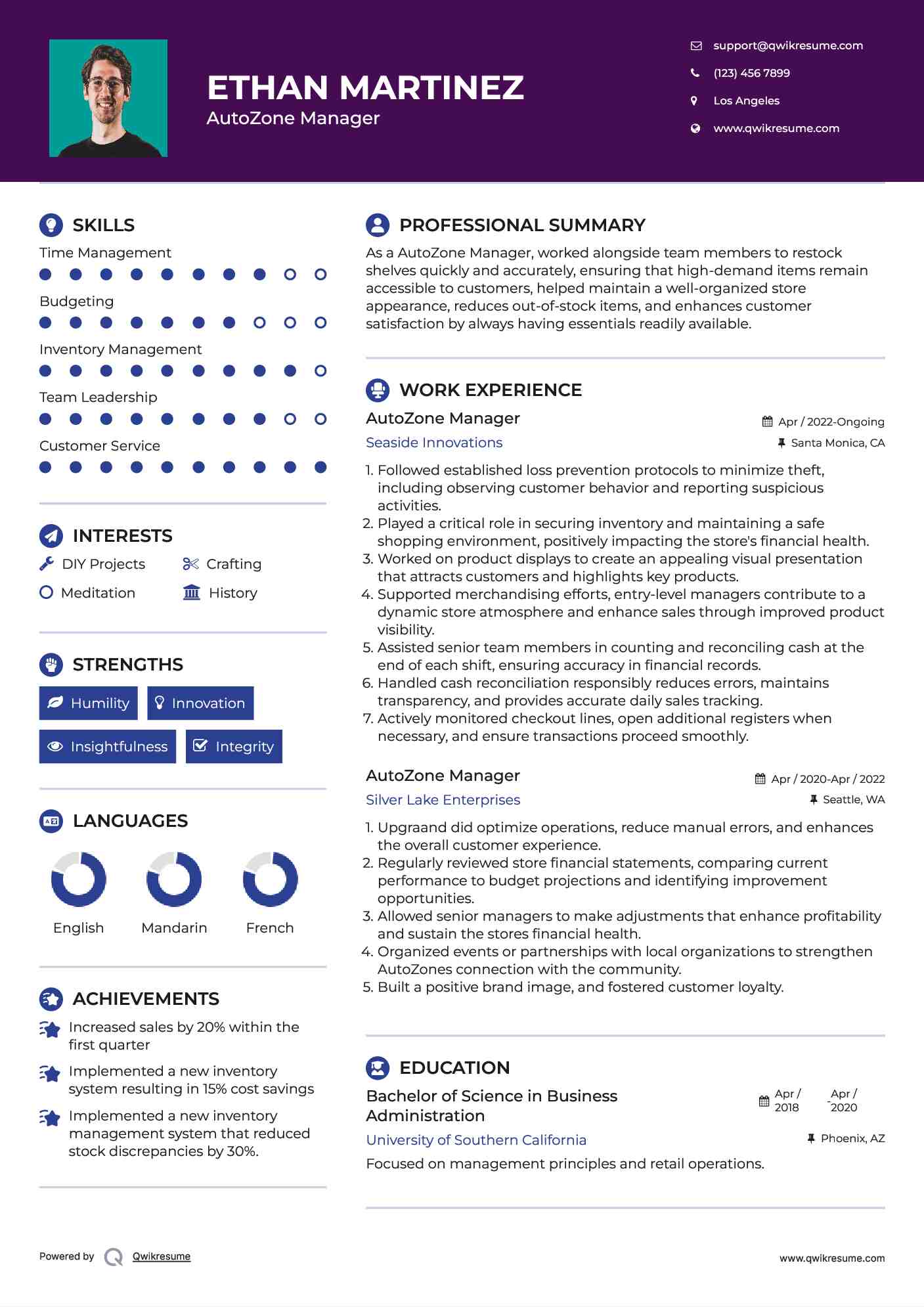 AutoZone Manager Resume Example