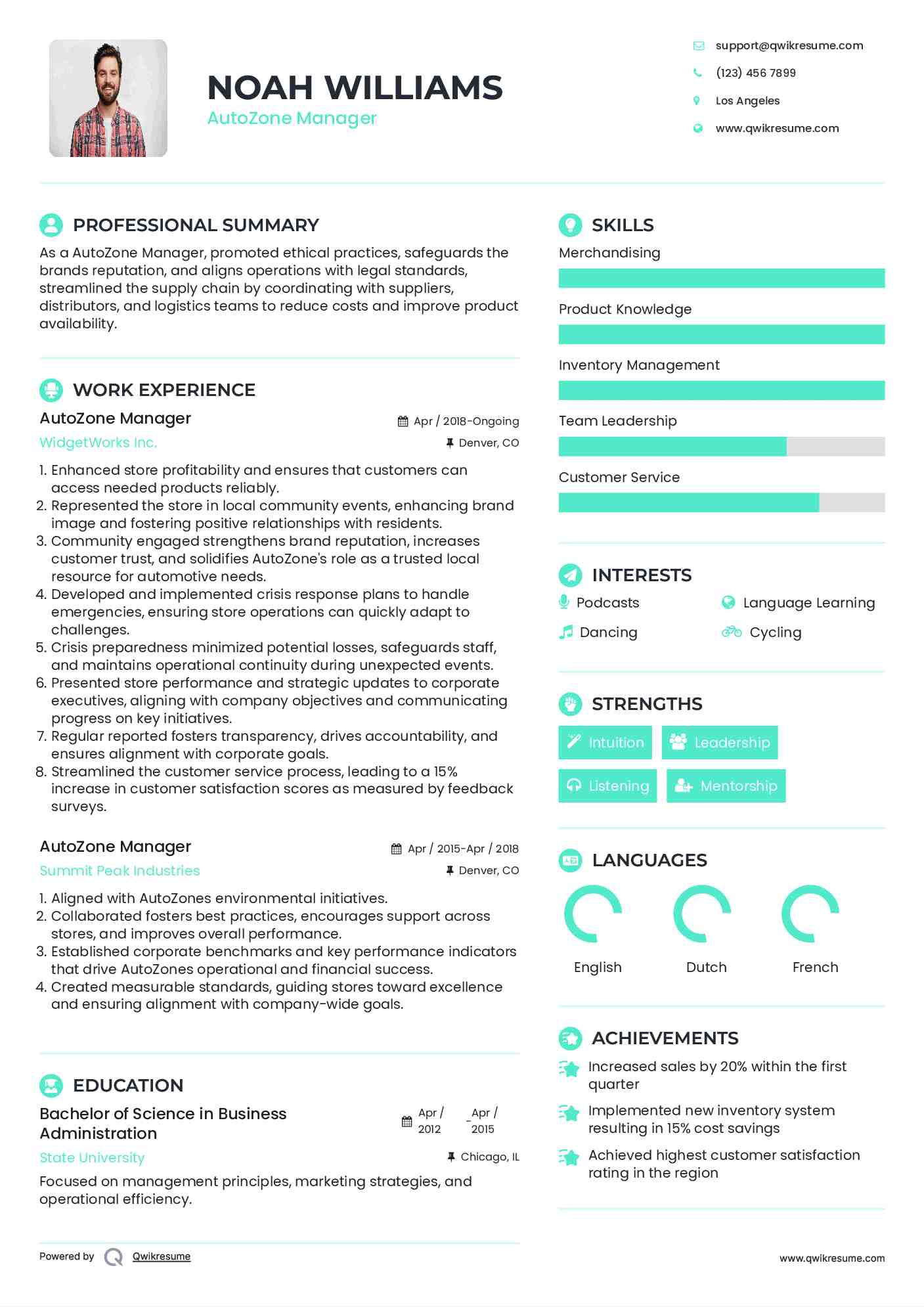 AutoZone Manager Resume Example