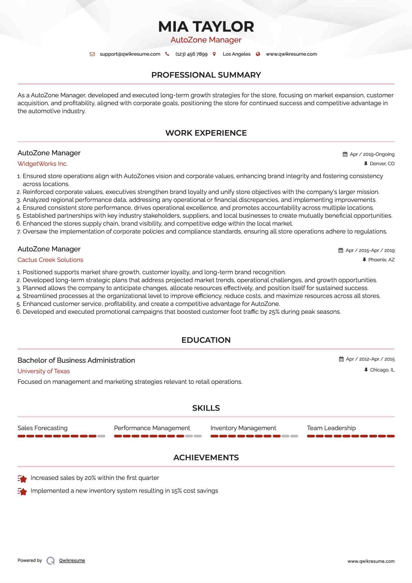 AutoZone Manager Resume Sample