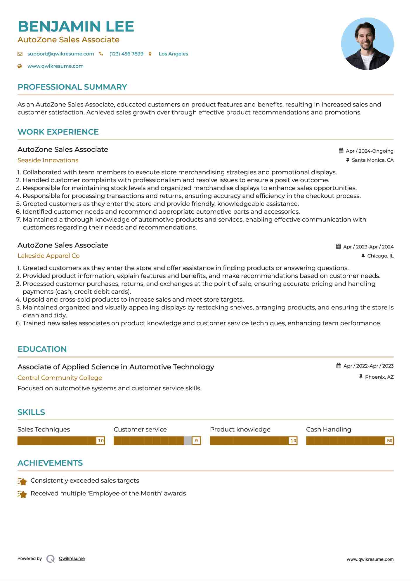 AutoZone Sales Associate Resume Sample