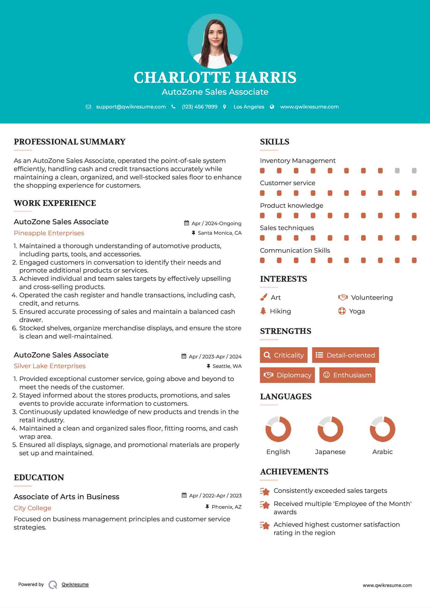 AutoZone Sales Associate Resume Example