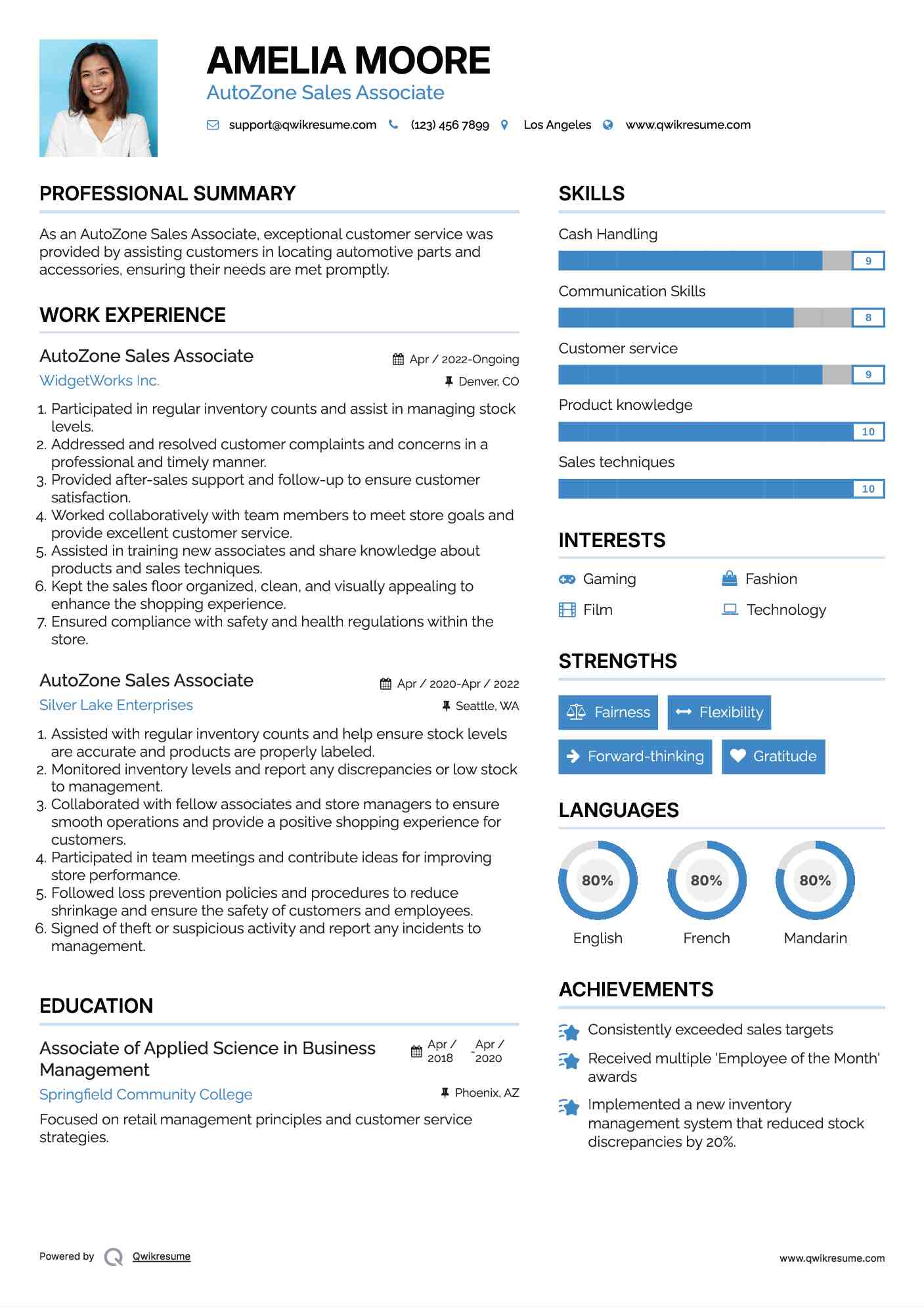 AutoZone Sales Associate Resume Example