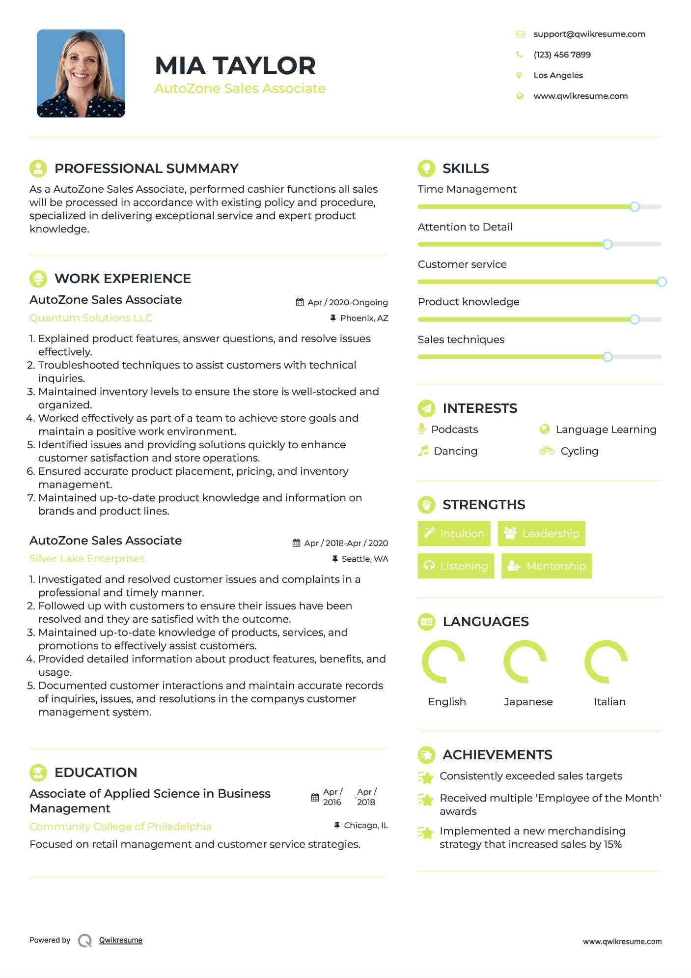 AutoZone Sales Associate Resume Sample