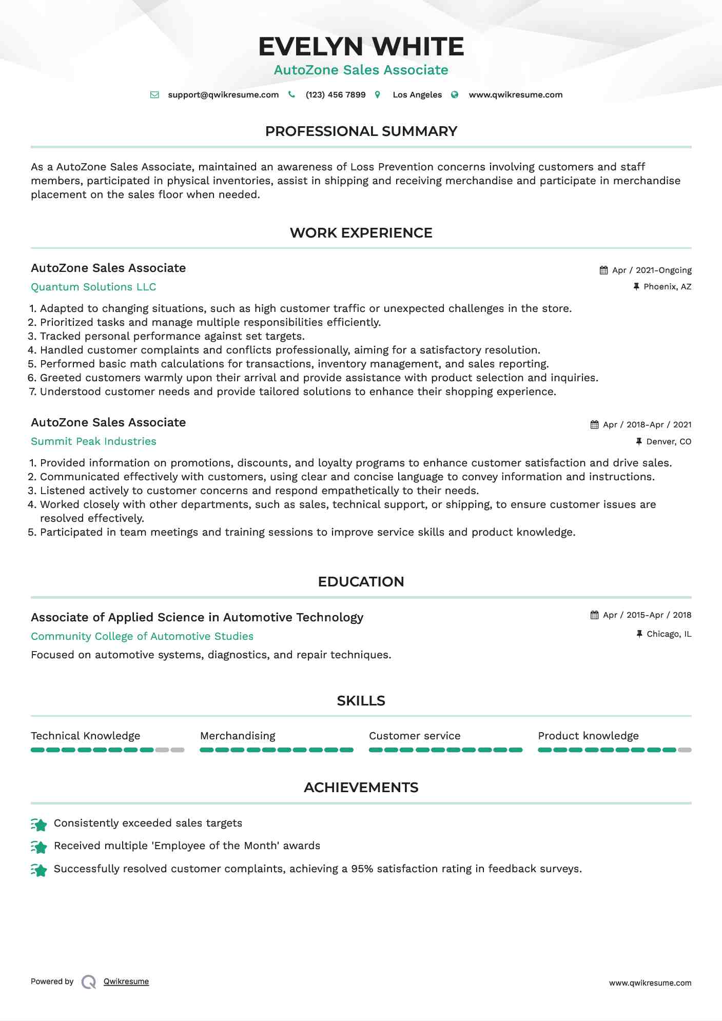 AutoZone Sales Associate Resume Format