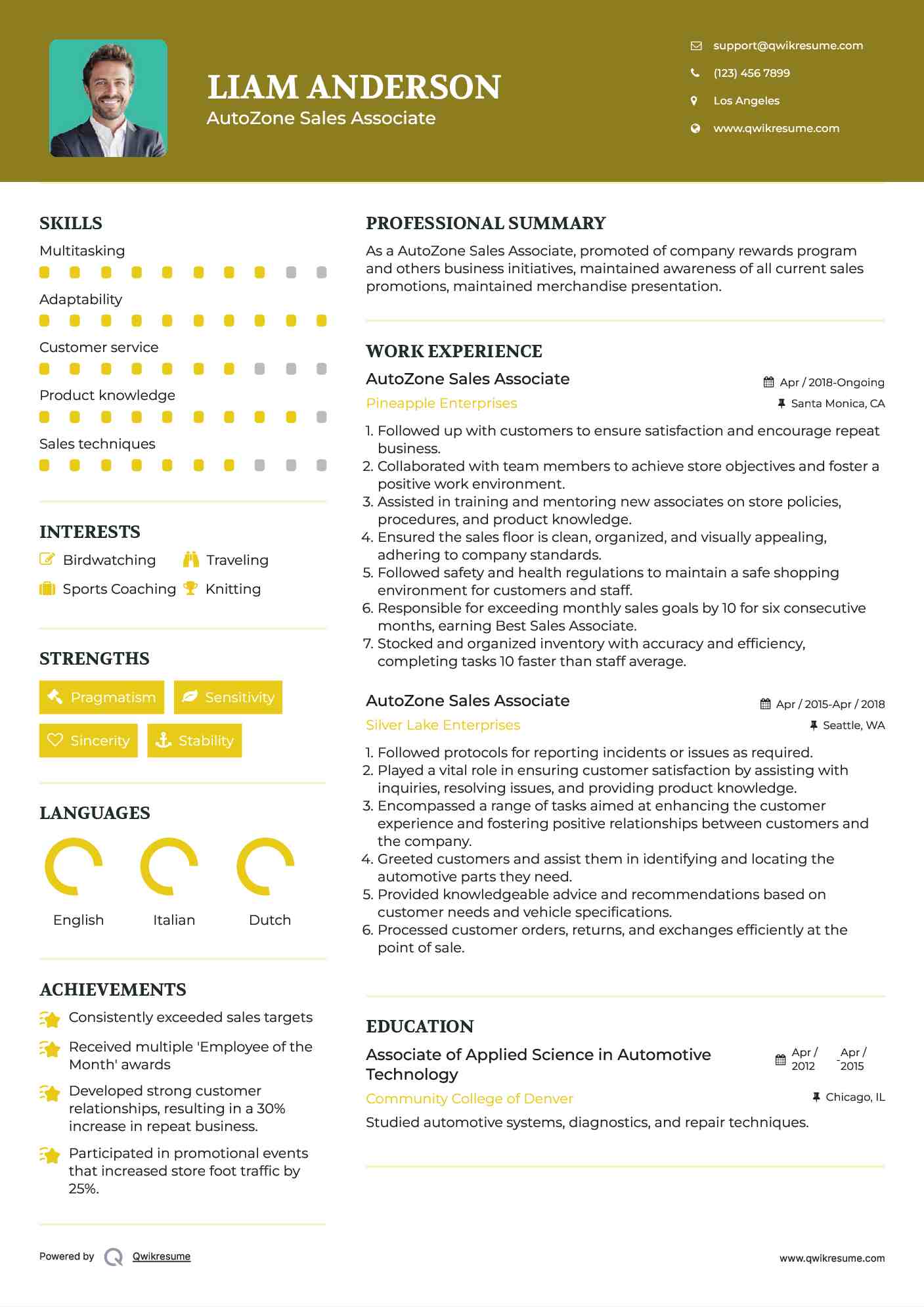 AutoZone Sales Associate Resume Model