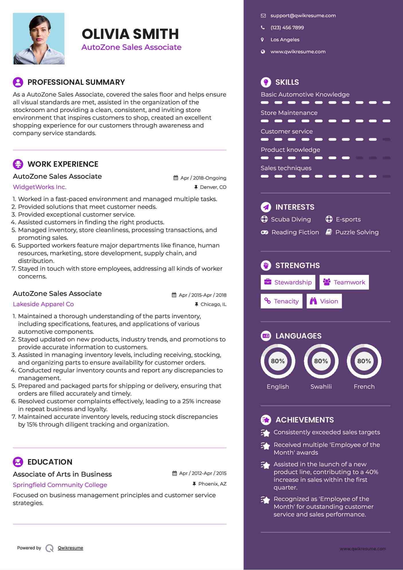 AutoZone Sales Associate Resume Format