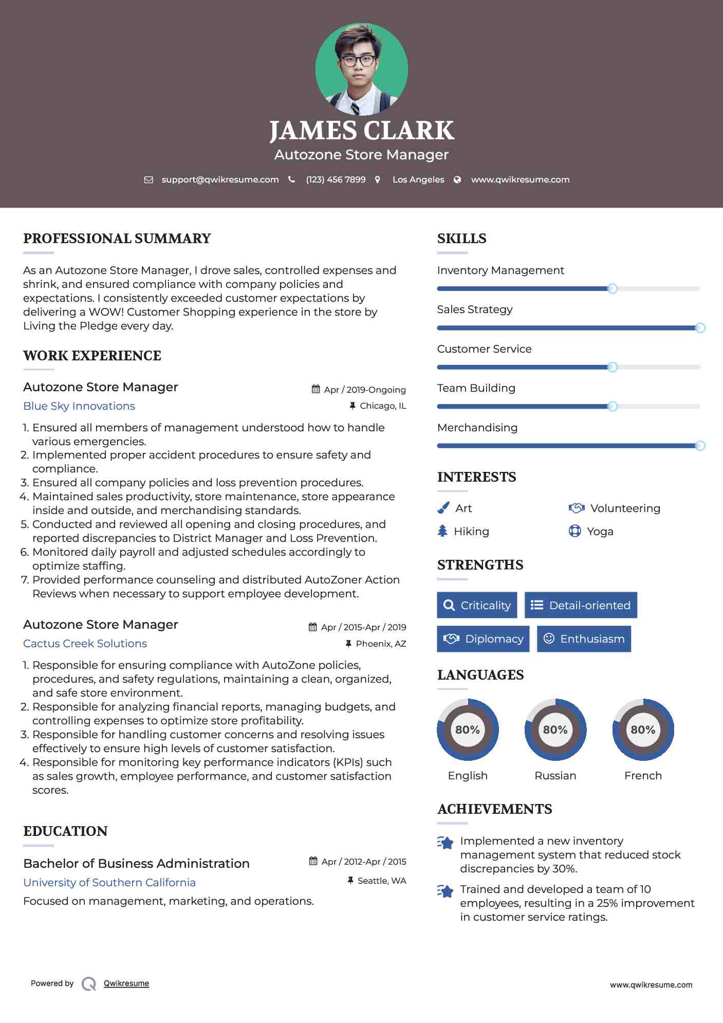 Autozone Store Manager Resume Template