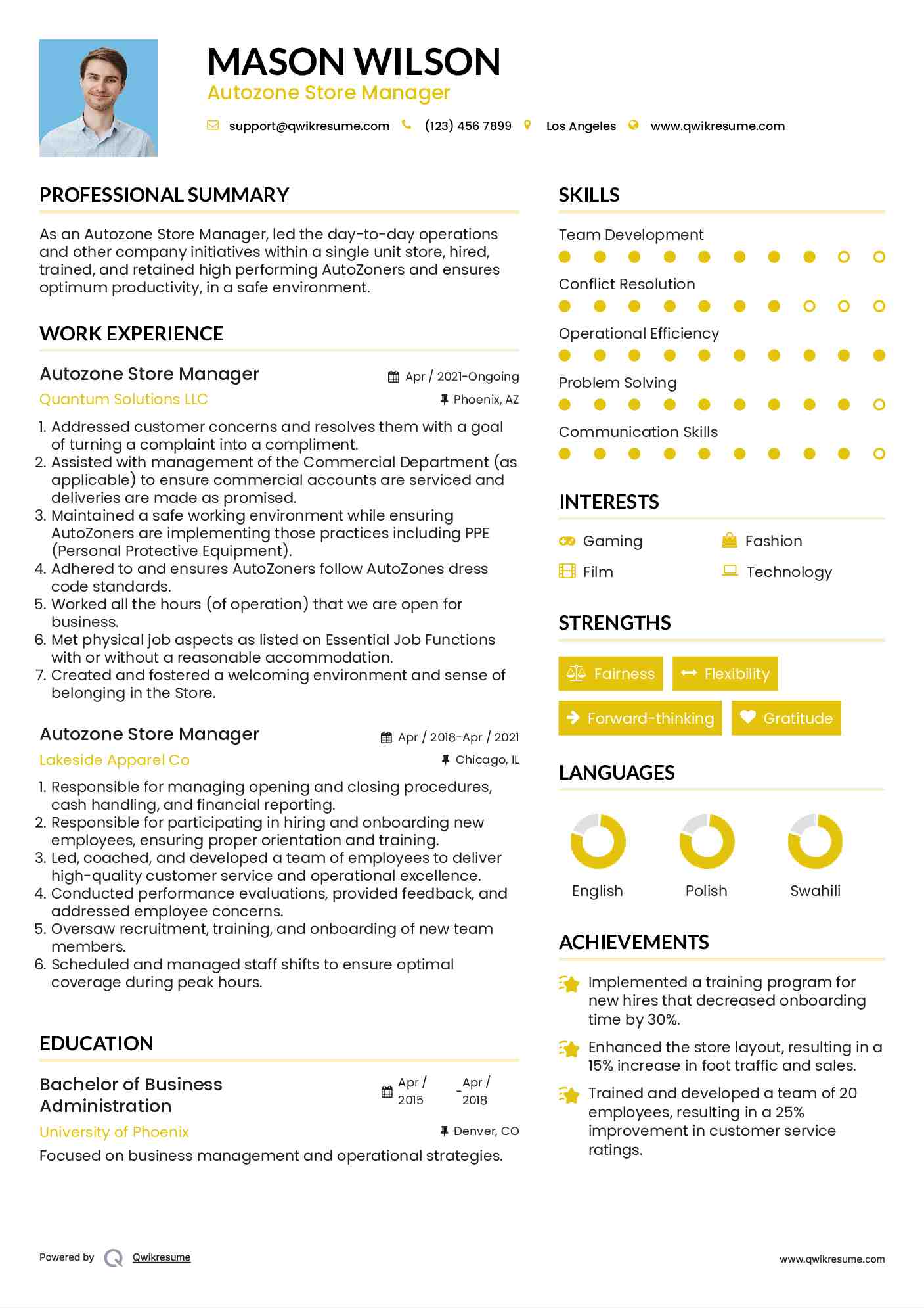 Autozone Store Manager Resume Example