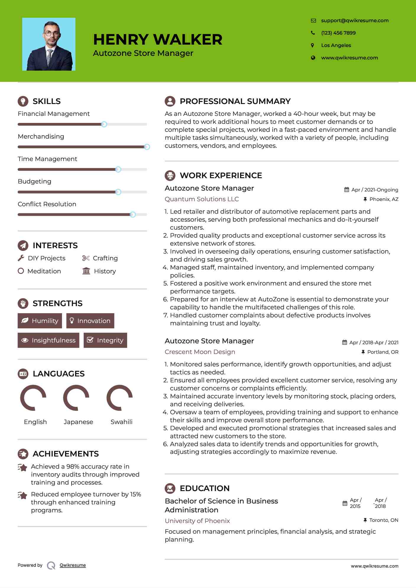 Autozone Store Manager Resume Format