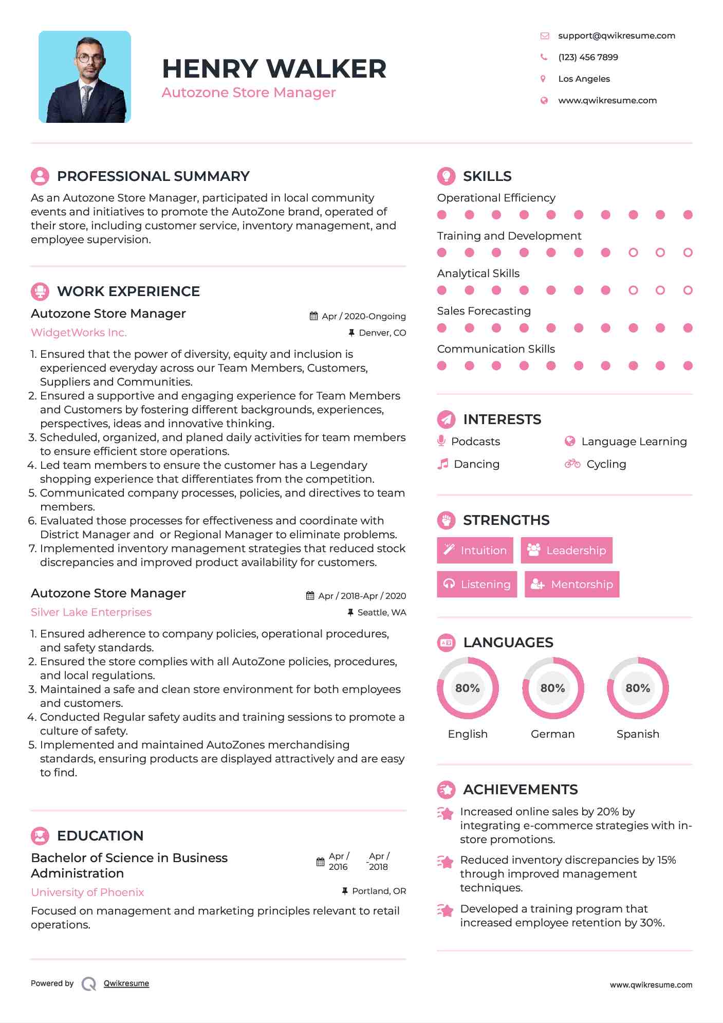 Autozone Store Manager Resume Sample