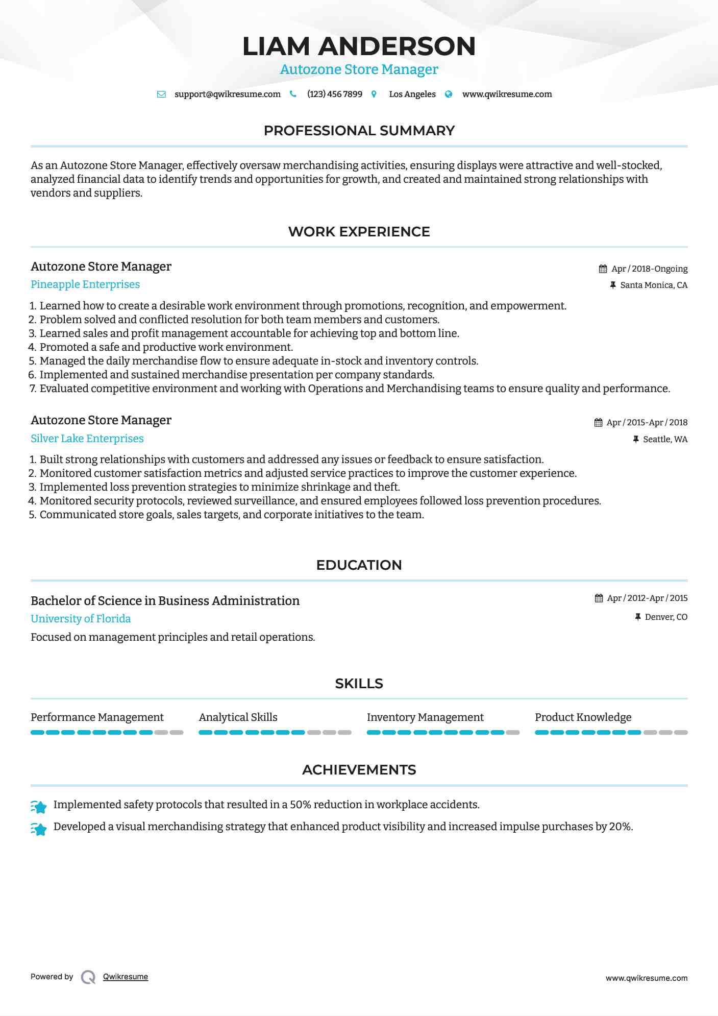 Autozone Store Manager Resume Model