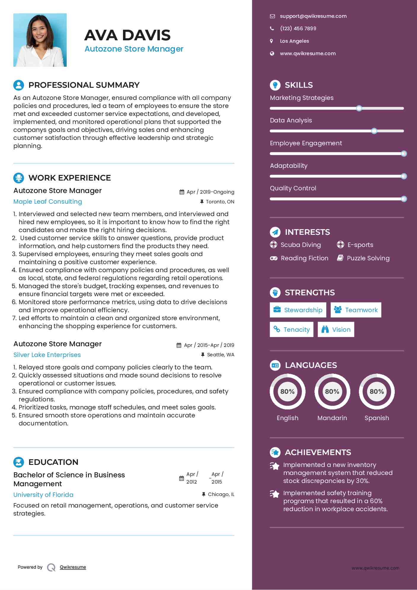 Autozone Store Manager Resume Sample
