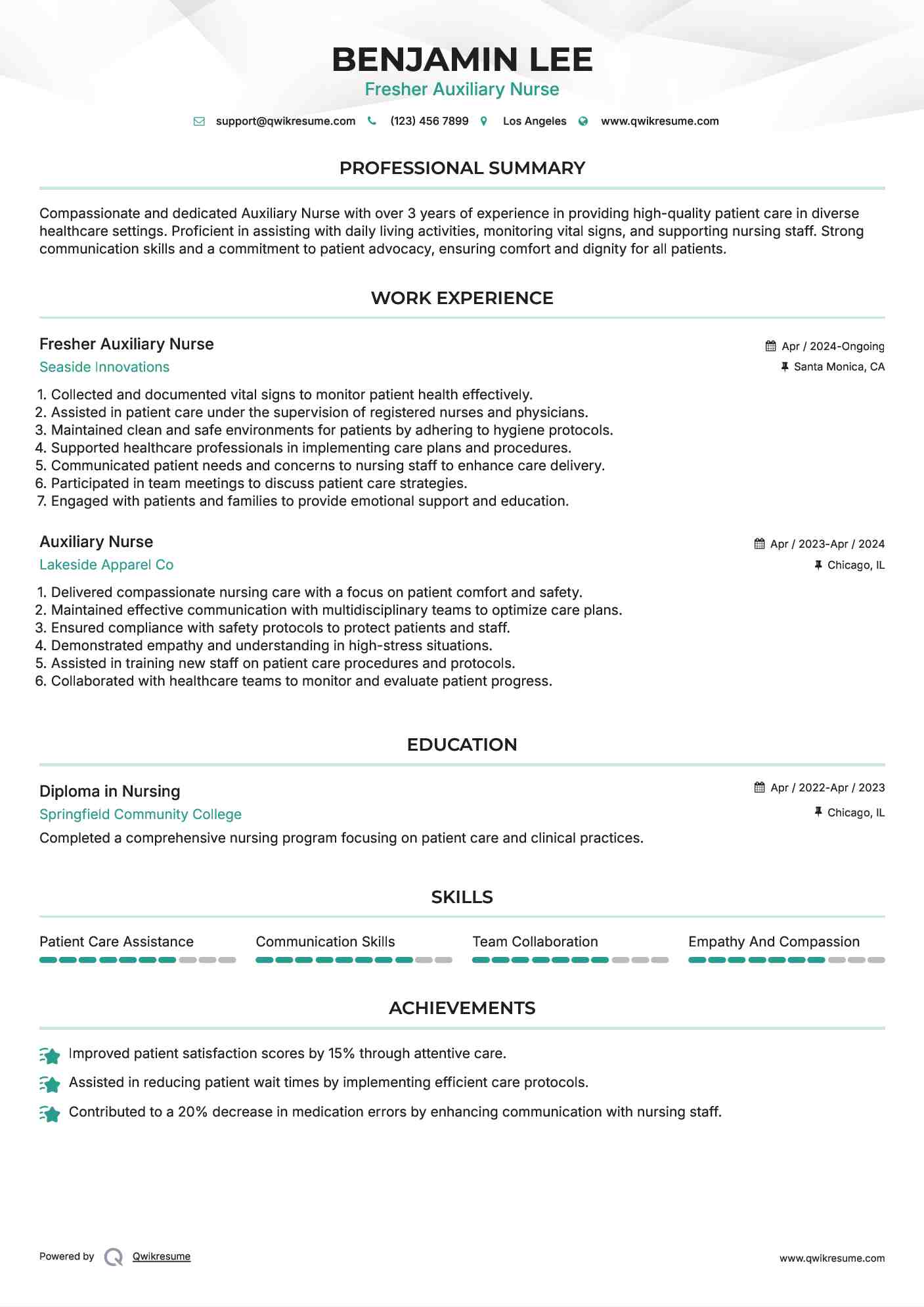 Fresher Auxiliary Nurse Resume Model