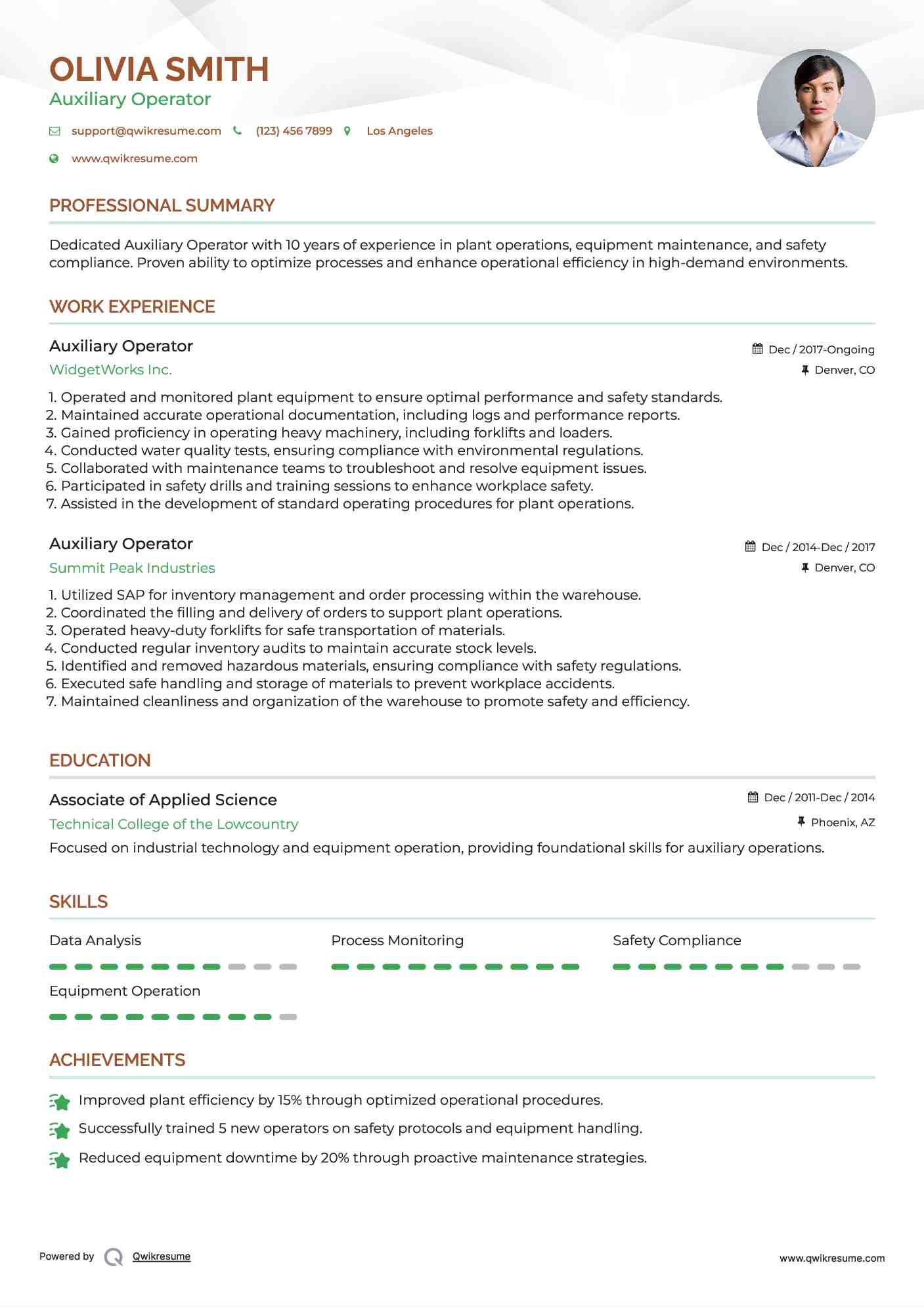 Auxiliary Operator Resume Template