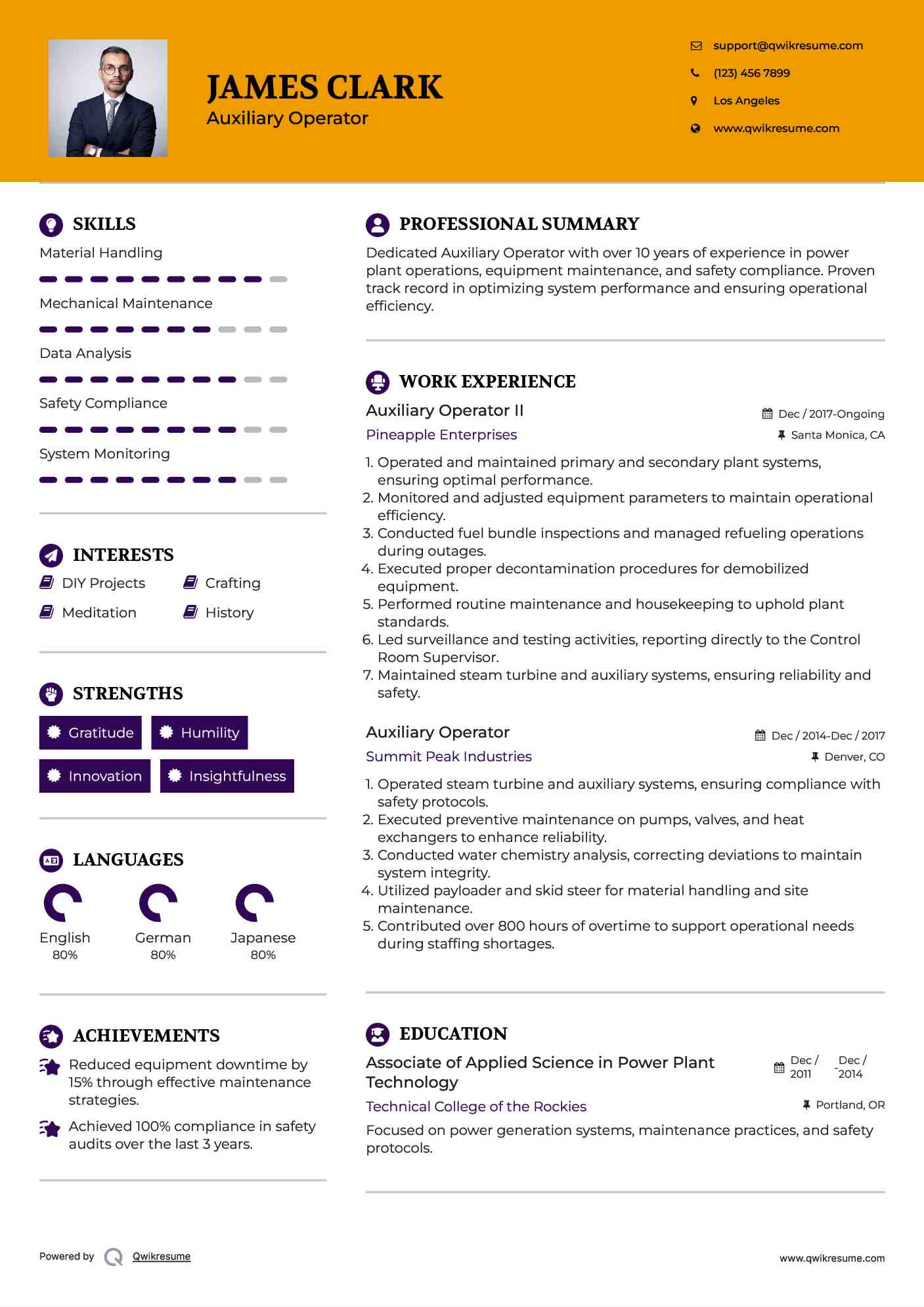 Auxiliary Operator II Resume Sample