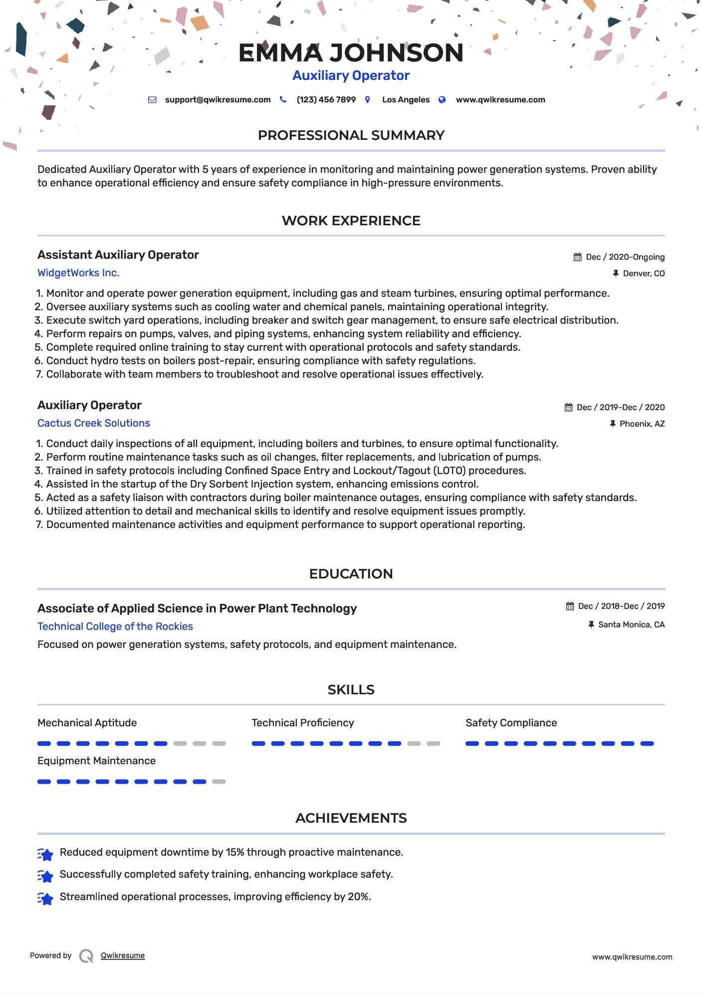Auxiliary Operator Resume Samples QwikResume
