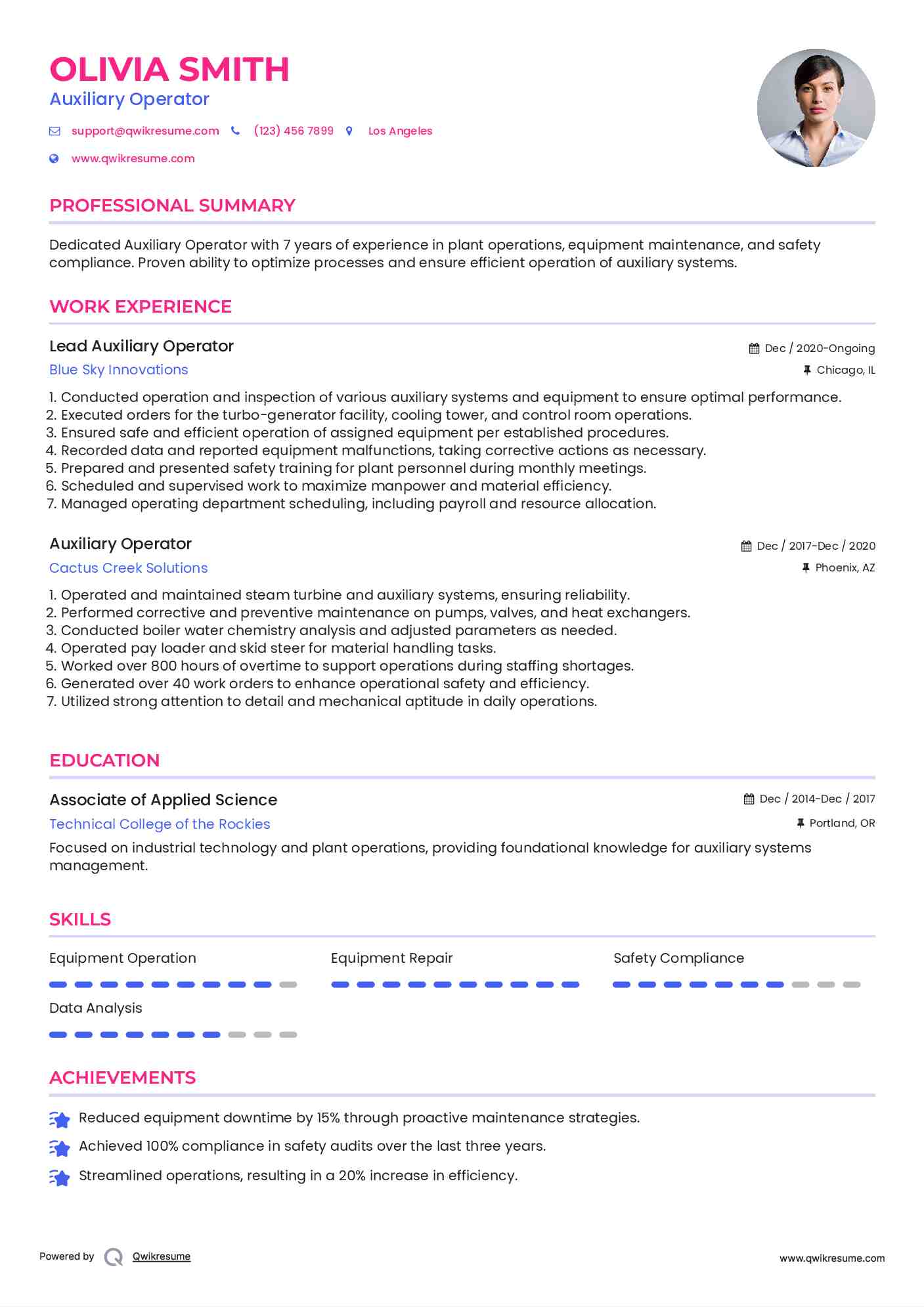 Lead Auxiliary Operator Resume Format