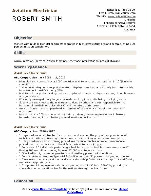 Aviation Electrician Resume Samples Qwikresume
