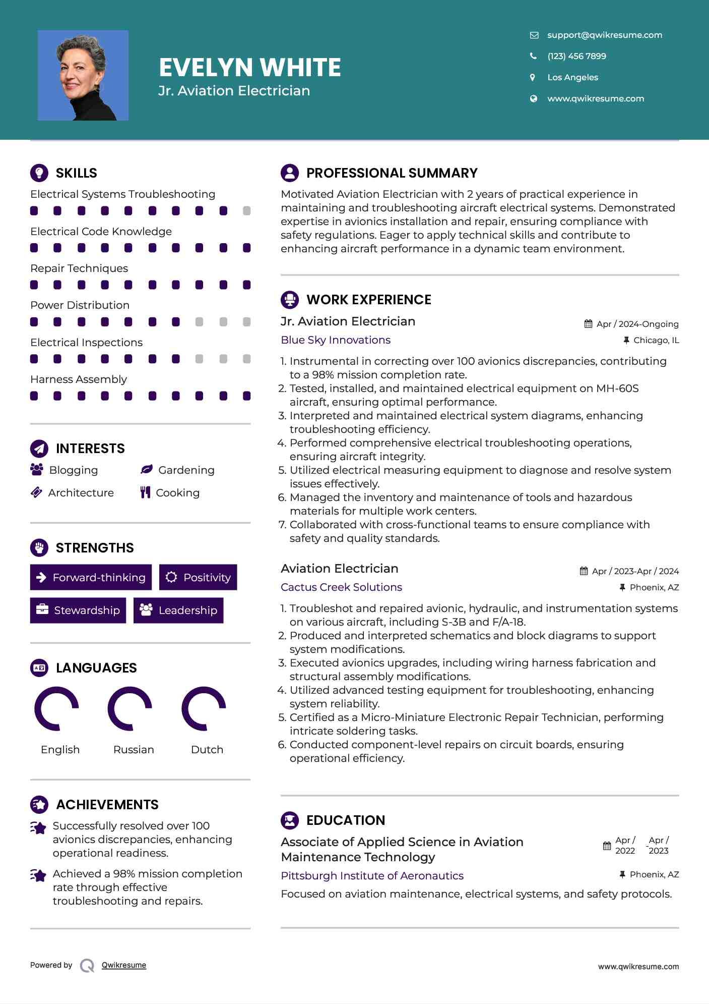 Jr. Aviation Electrician Resume Example