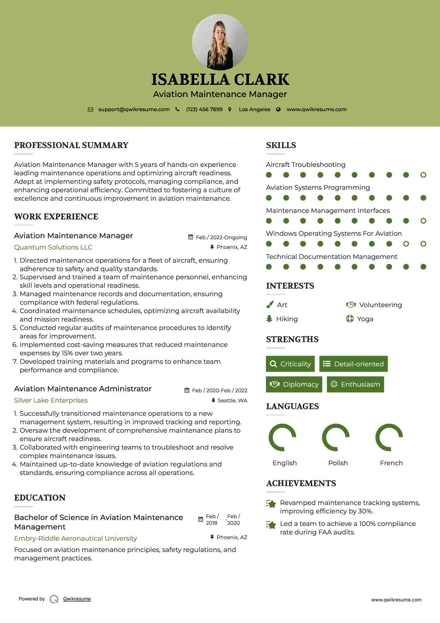 Aviation Maintenance Manager Resume Sample