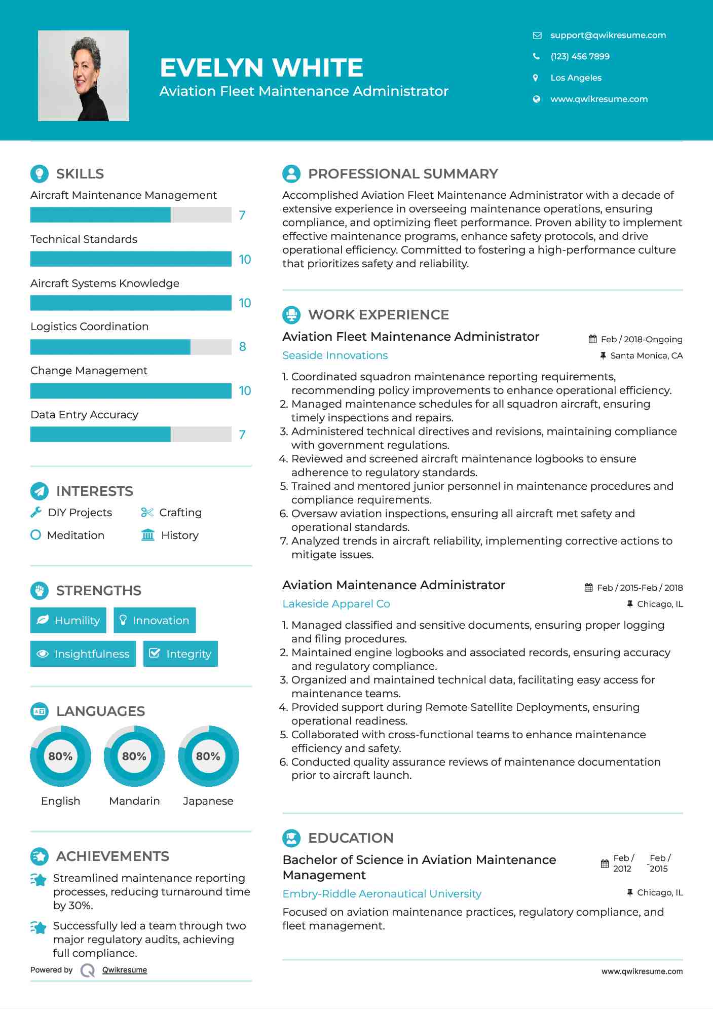 Aviation Fleet Maintenance Administrator Resume Format