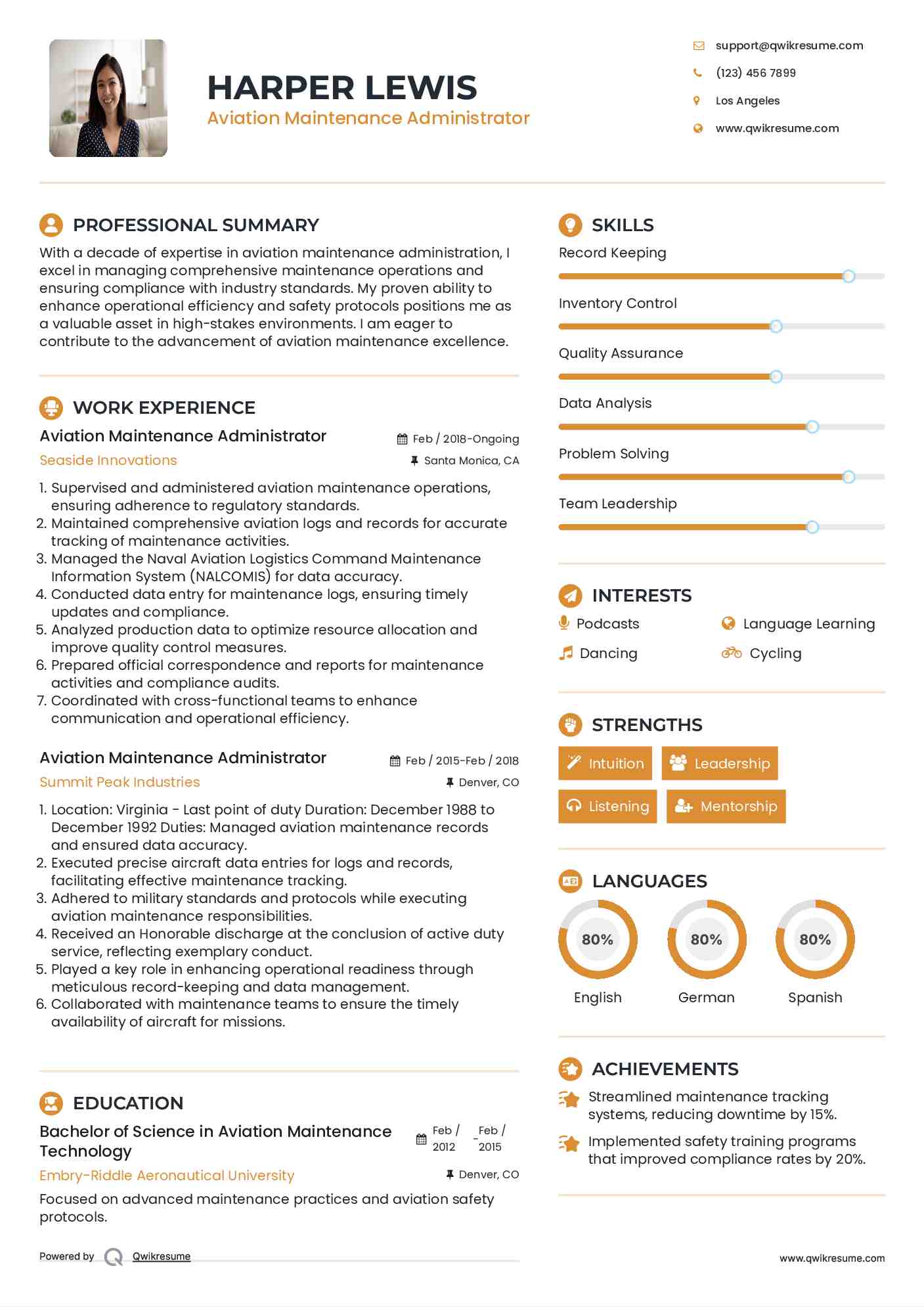 Aviation Maintenance Administrator Resume Sample