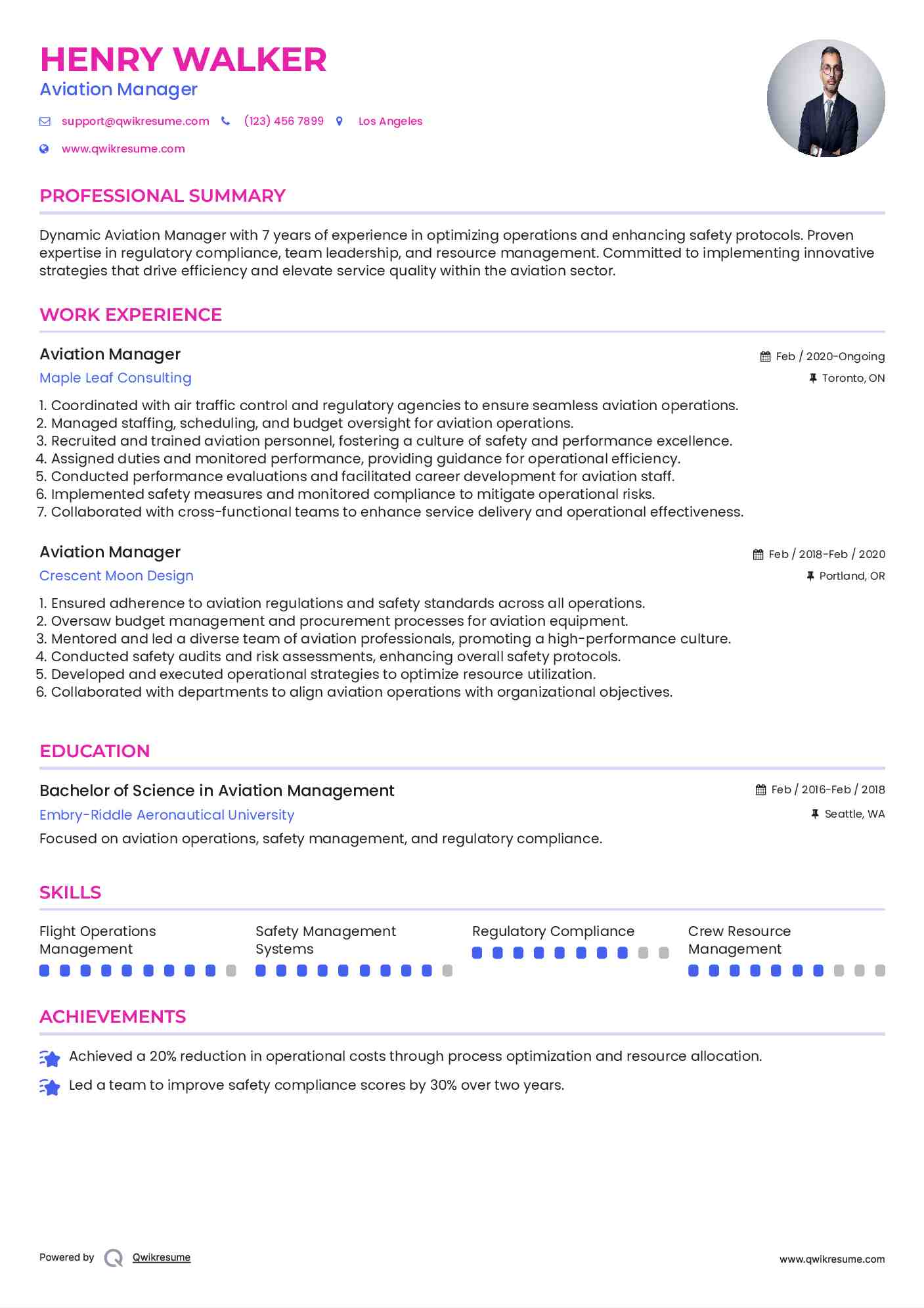 Aviation Manager Resume Example