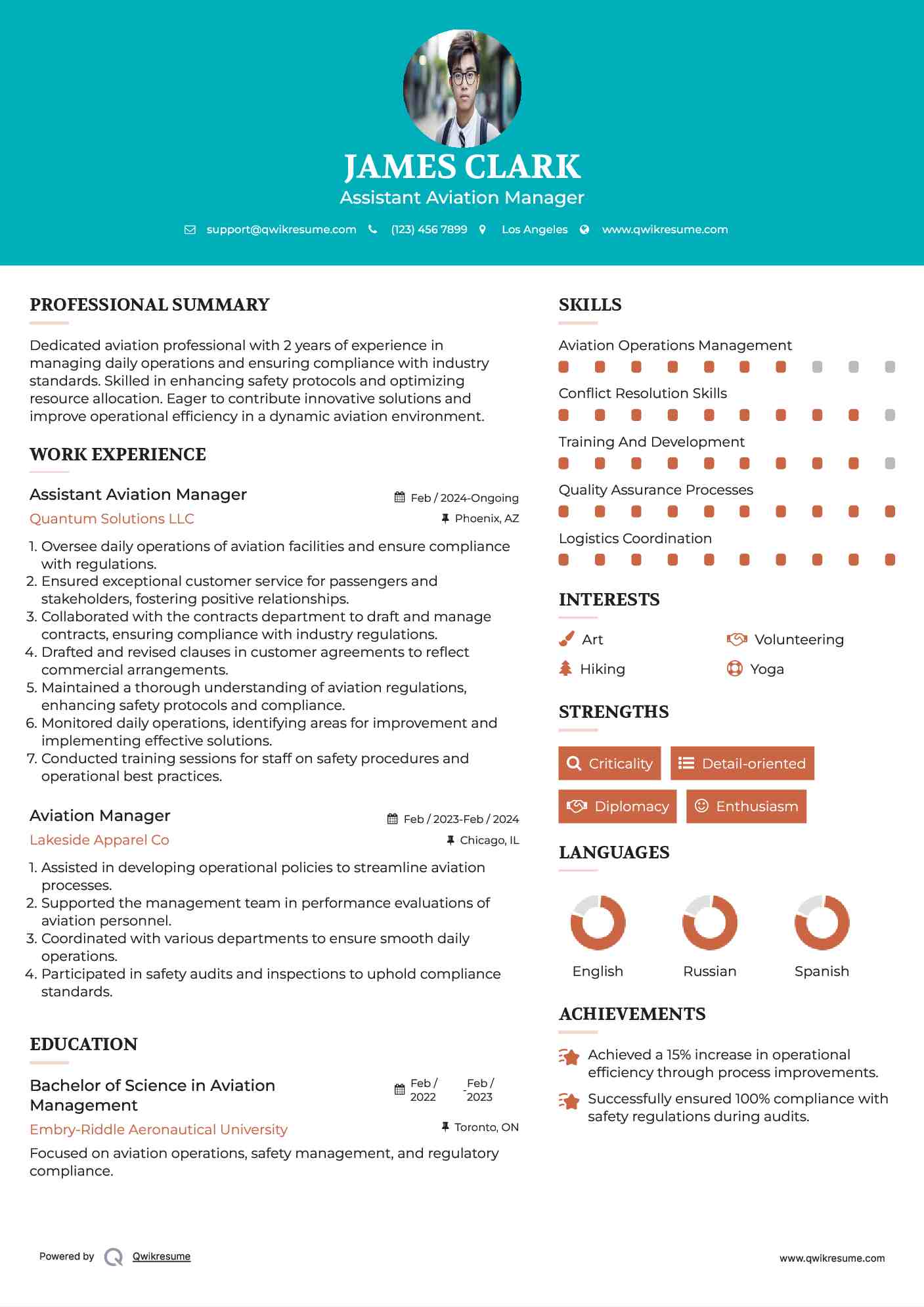 Assistant Aviation Manager Resume Example