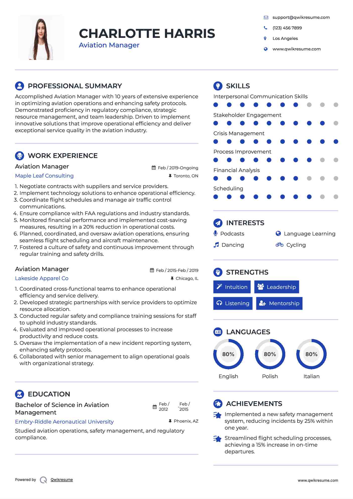 Aviation Manager Resume Sample