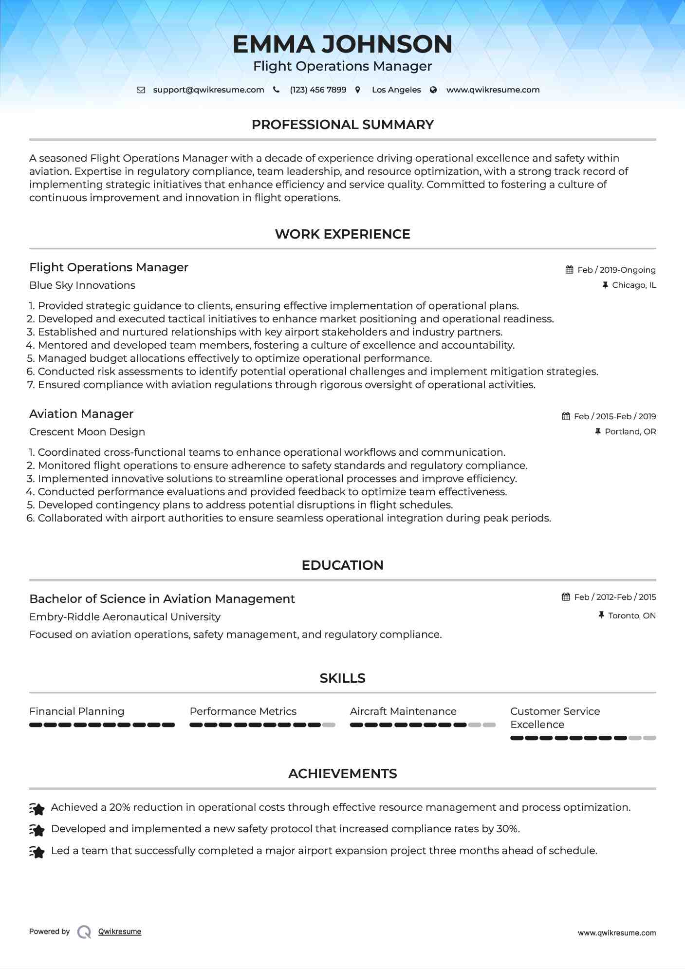 Flight Operations Manager Resume Model