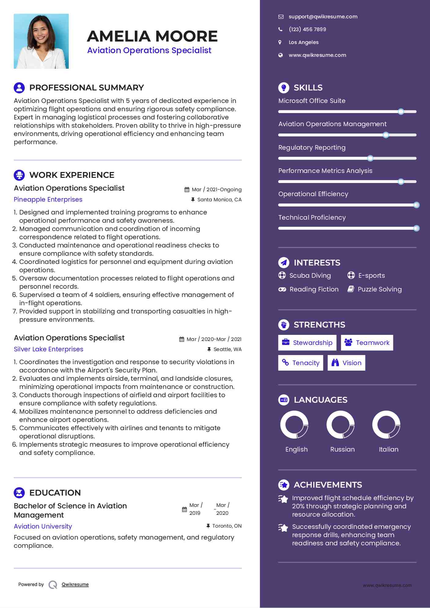 Aviation Operations Specialist Resume Example