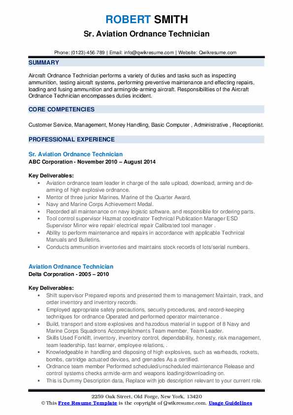 Aviation Ordnance Technician Resume Samples QwikResume