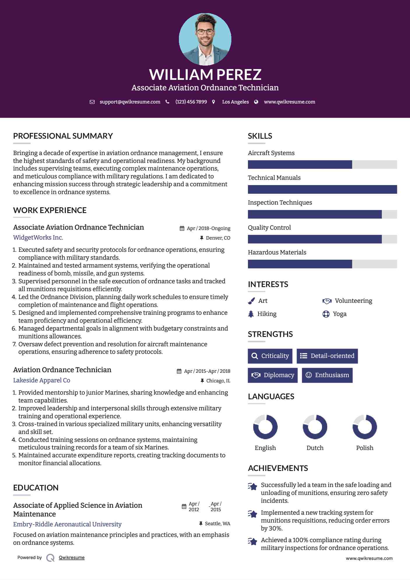 Associate Aviation Ordnance Technician Resume Sample