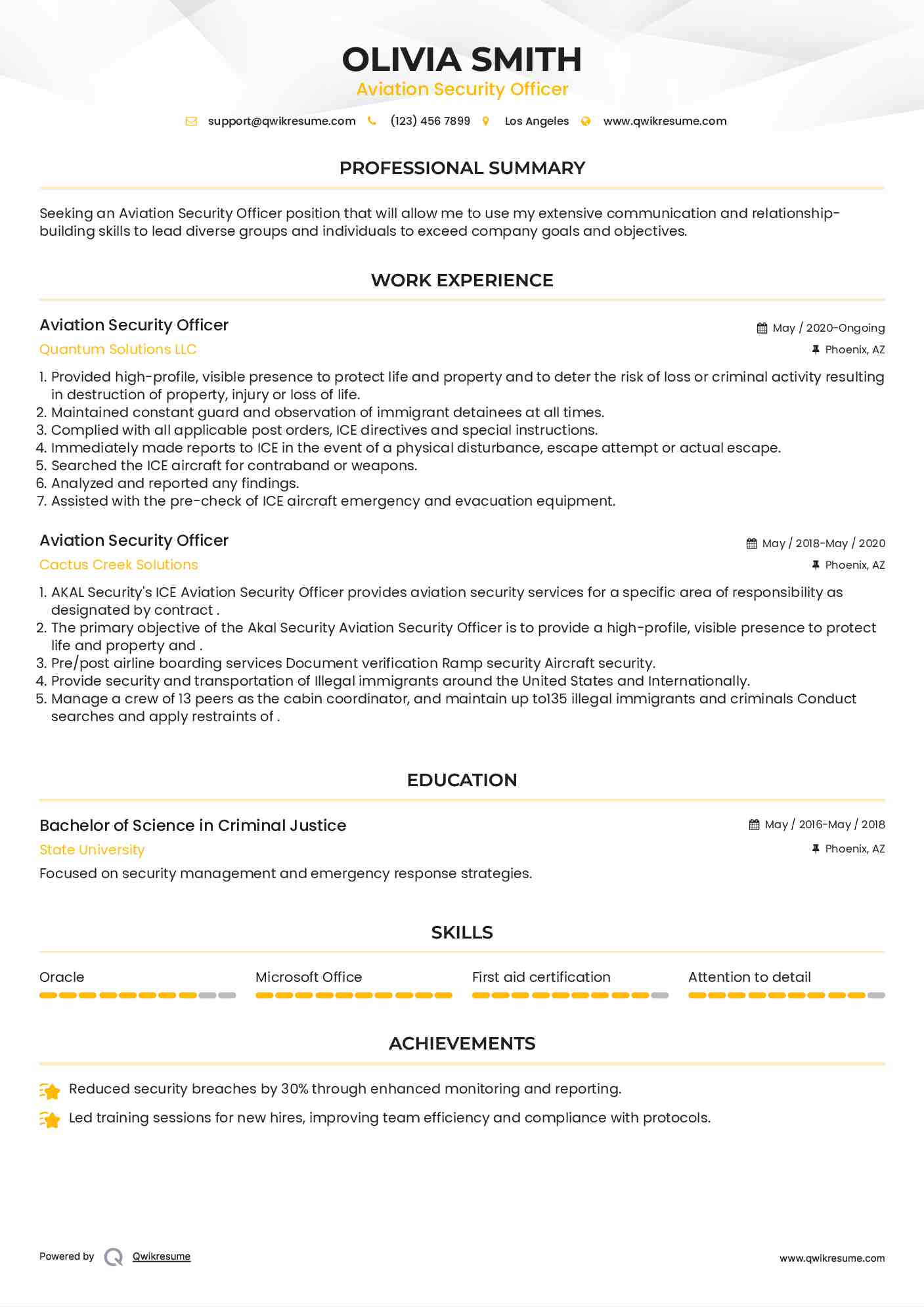 Aviation Security Officer Resume Example