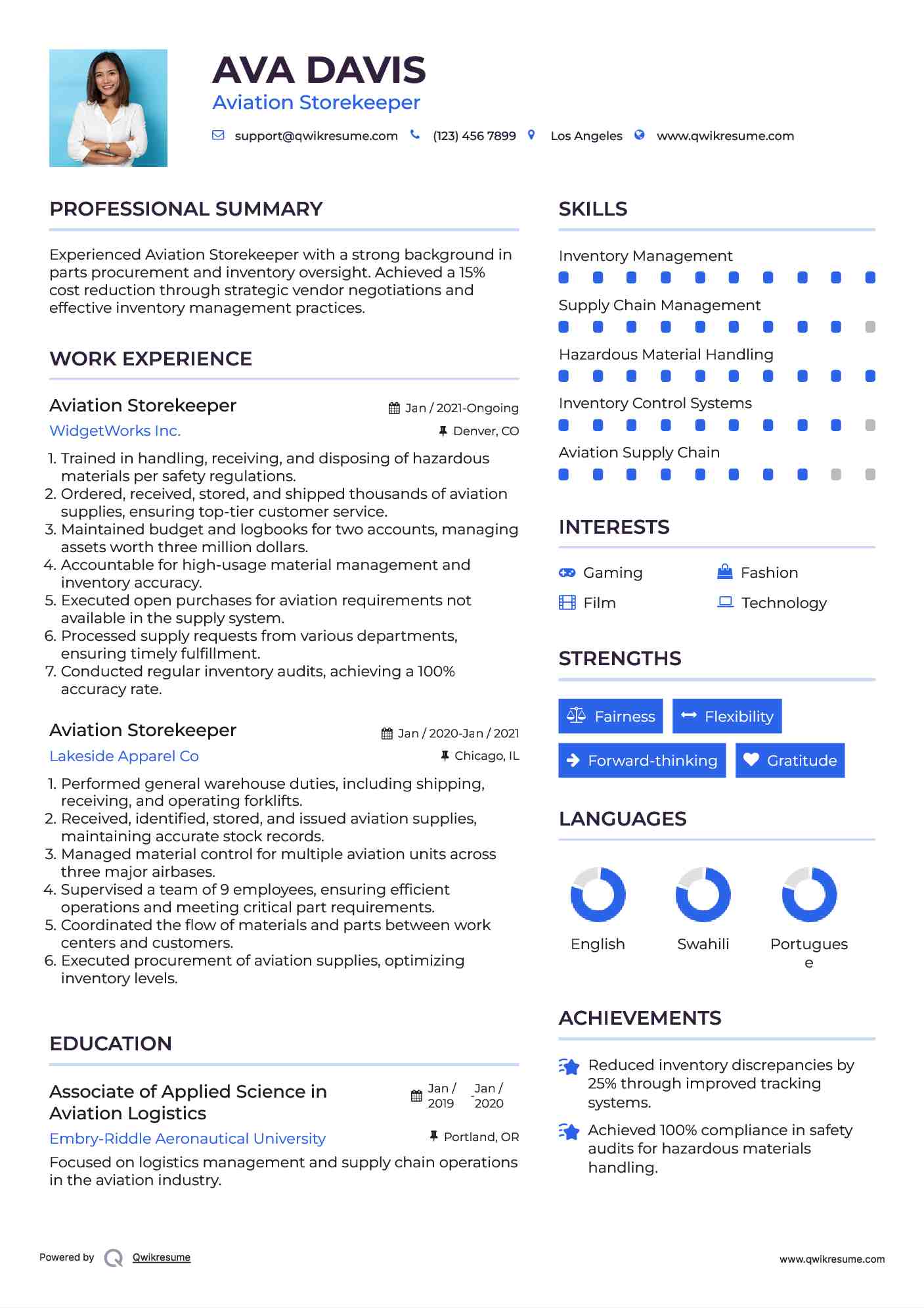 Aviation Storekeeper Resume Model