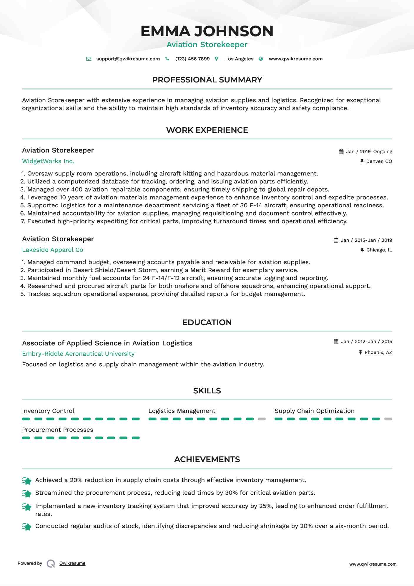 Aviation Storekeeper Resume Model