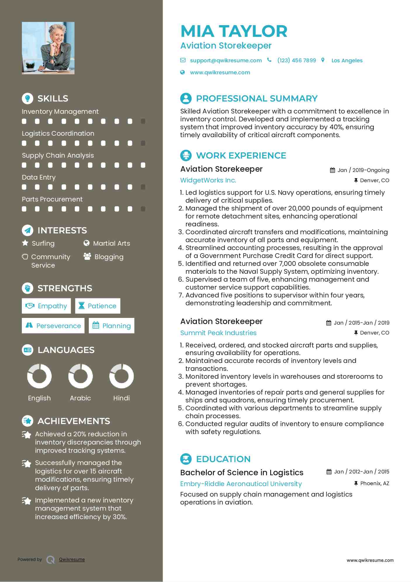 Aviation Storekeeper Resume Template