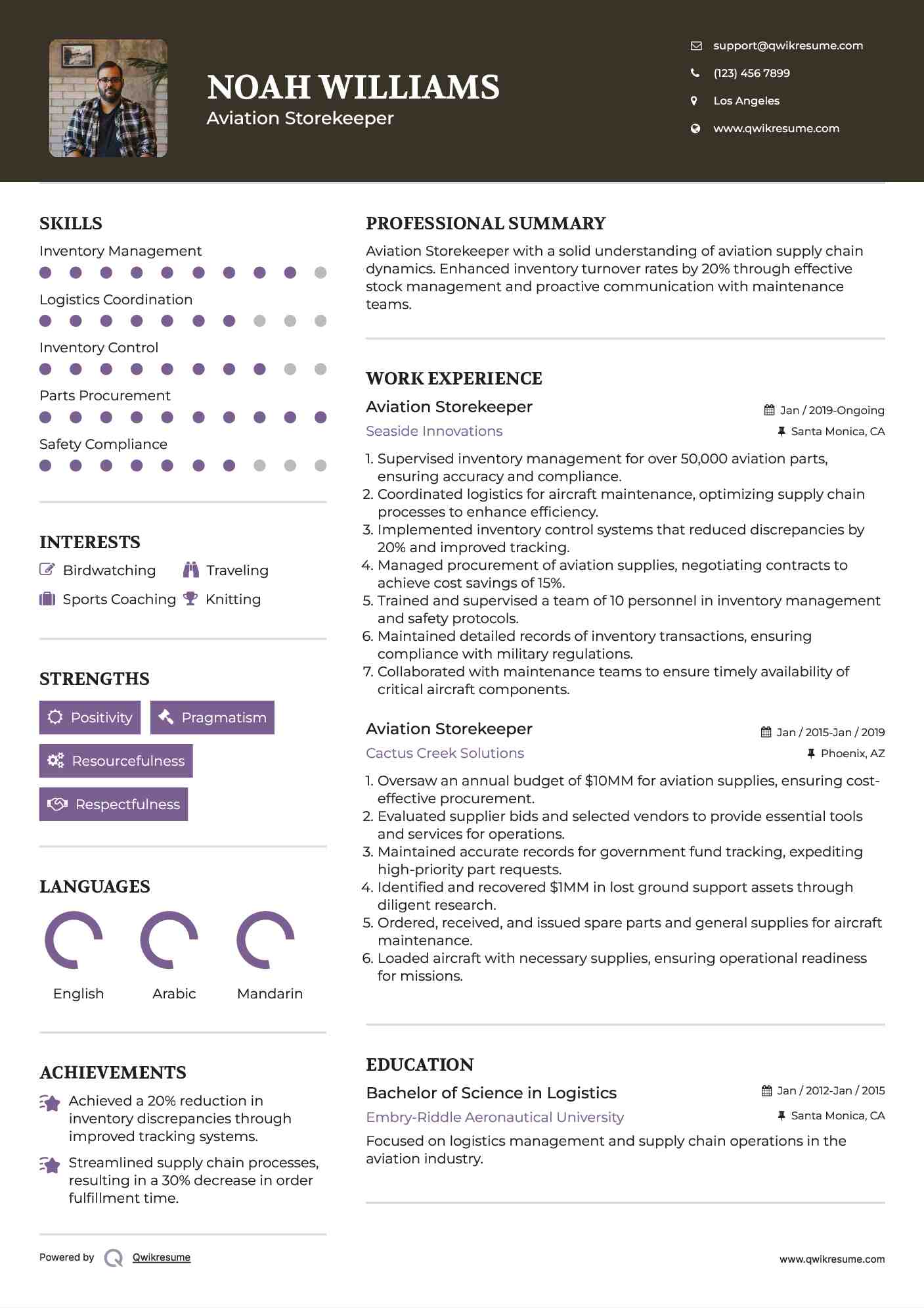 Aviation Storekeeper Resume Sample