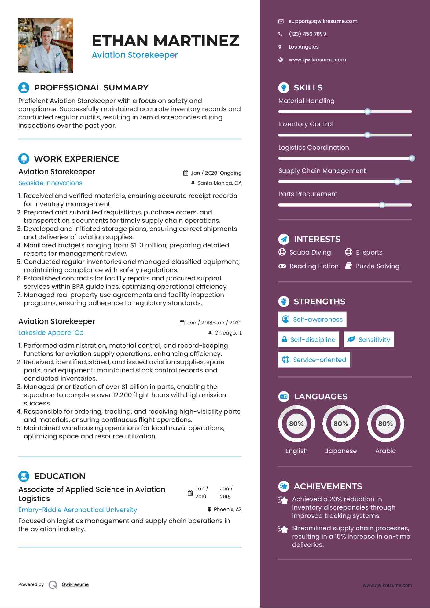 Aviation Storekeeper Resume Example