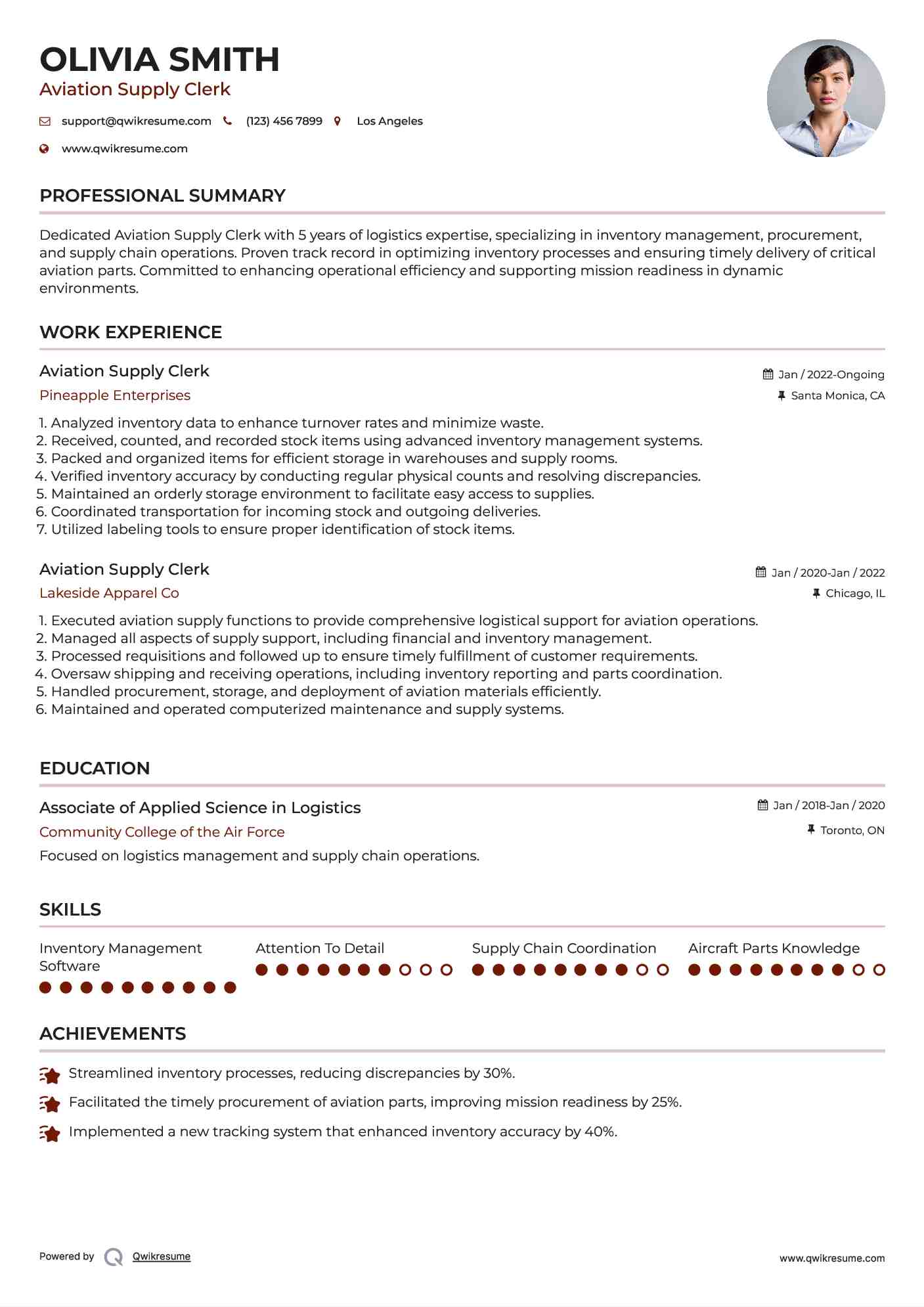 Aviation Supply Clerk Resume Template