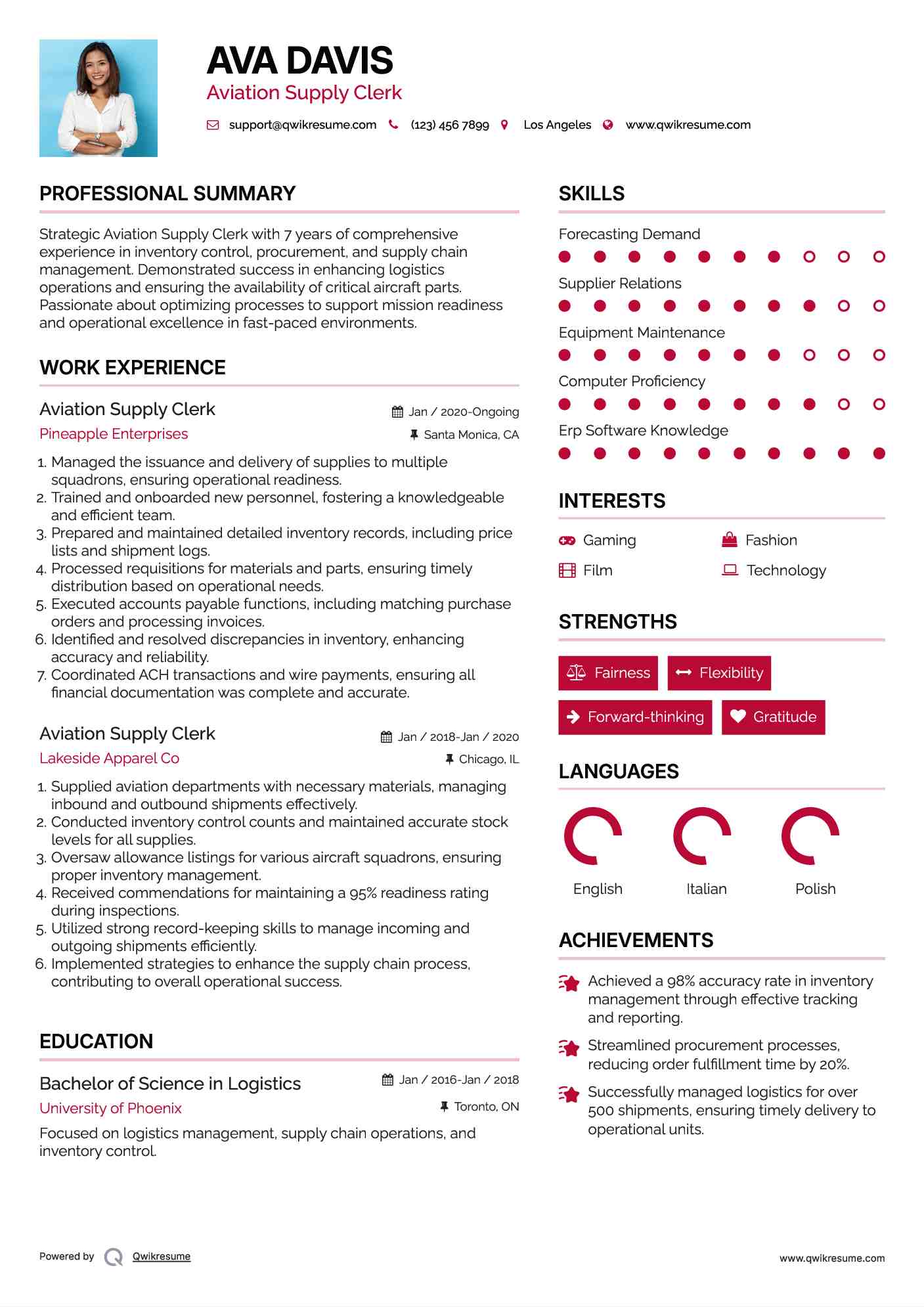 Aviation Supply Clerk Resume Model